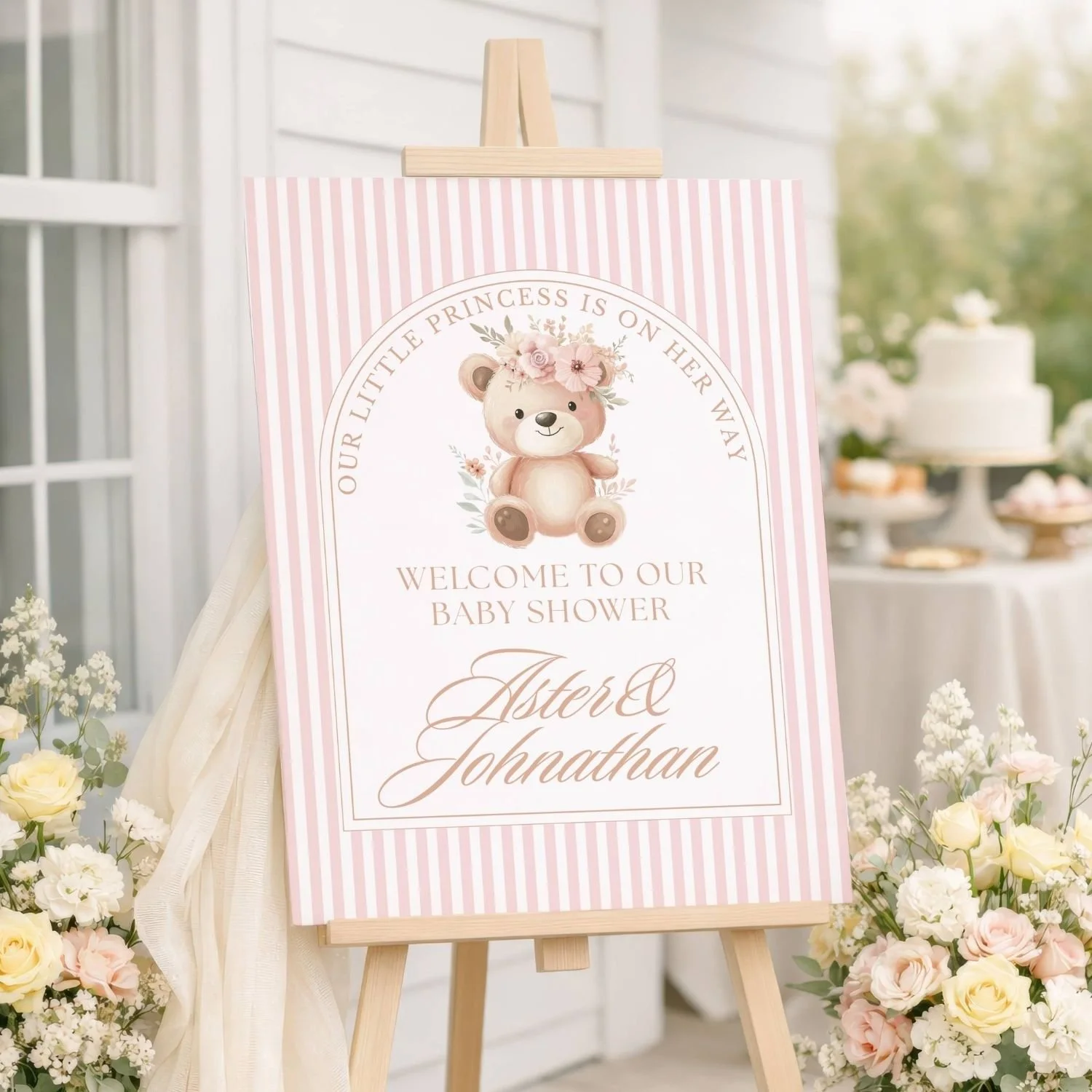 Little Princess Pink Teddy Bear Girl Baby Shower Welcome Sign-#85