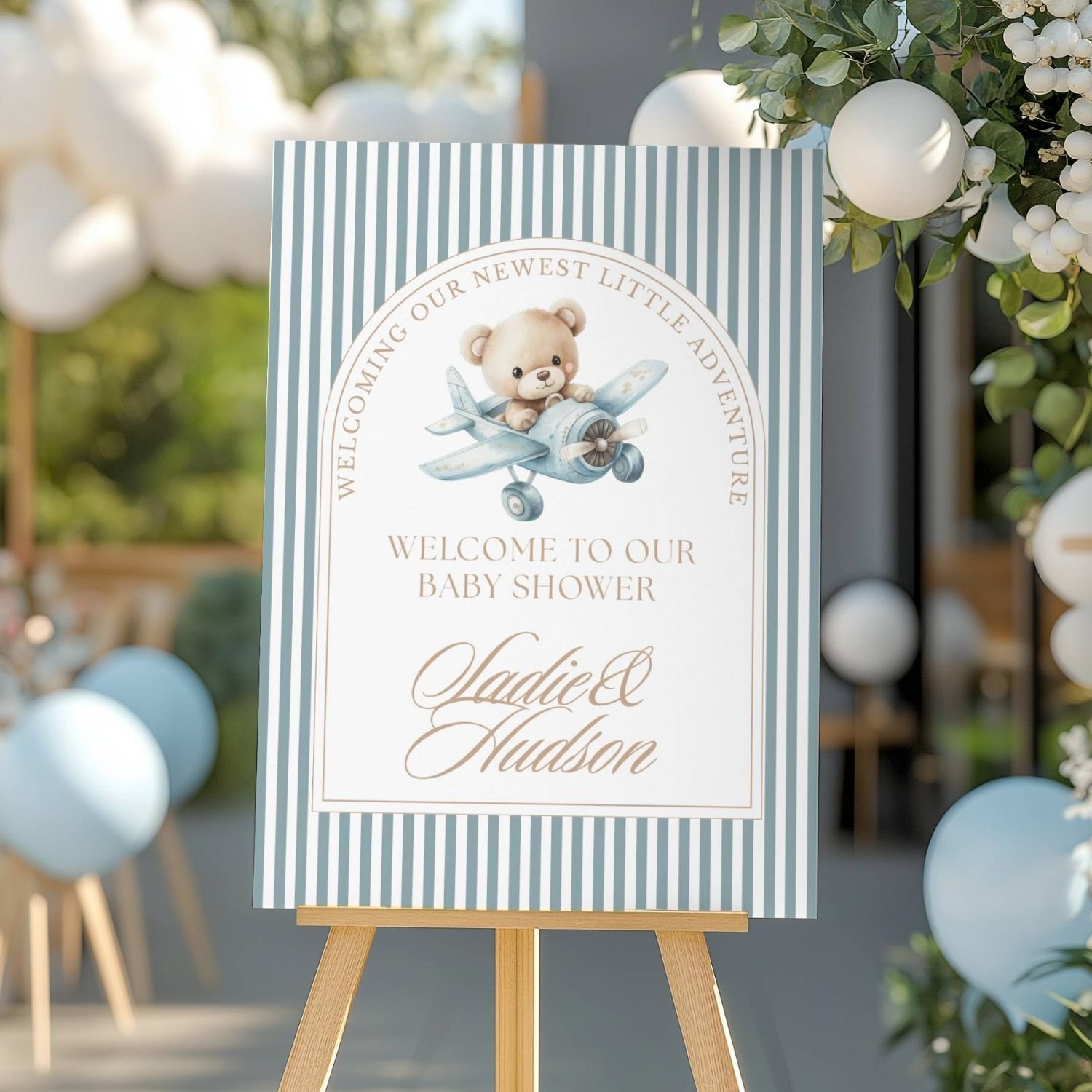 Our Newest Adventure Blue Teddy Bear Baby Shower Welcome Sign-#96