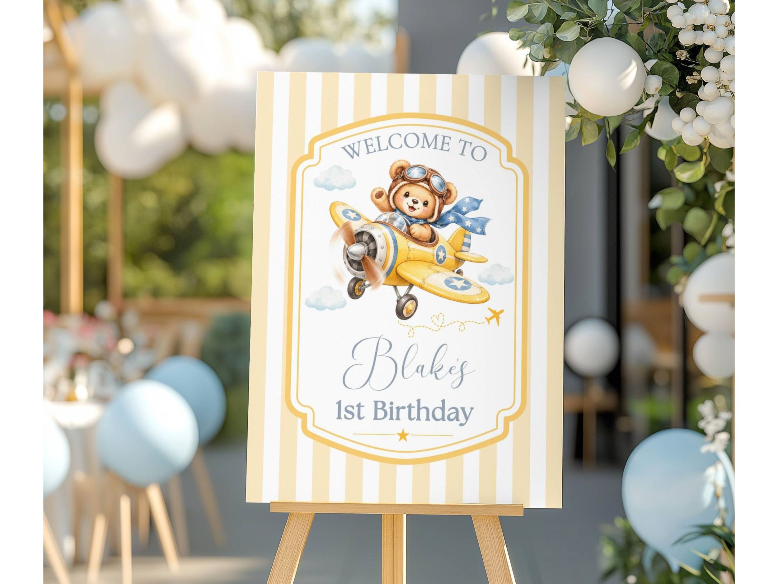 Boy Aviator Teddy Bear Welcome Sign, Yellow Stripes Airplane Birthday 46