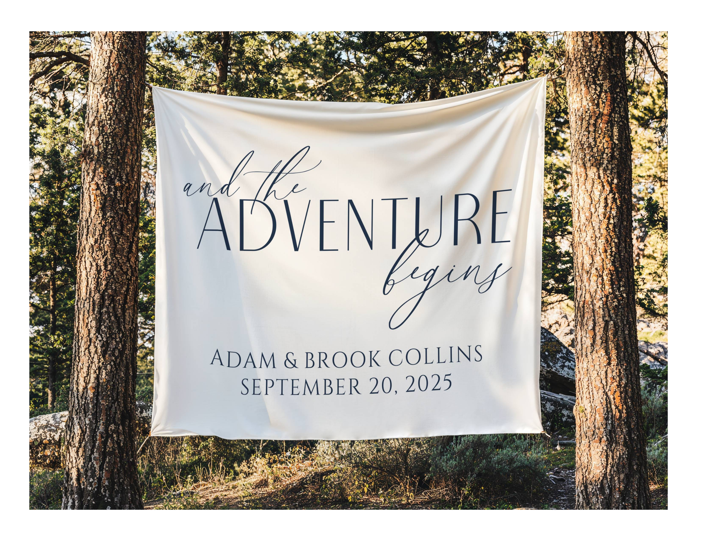 And the Adventure Begins Wedding Banner, Custom Fabric Welcome Sign #19
