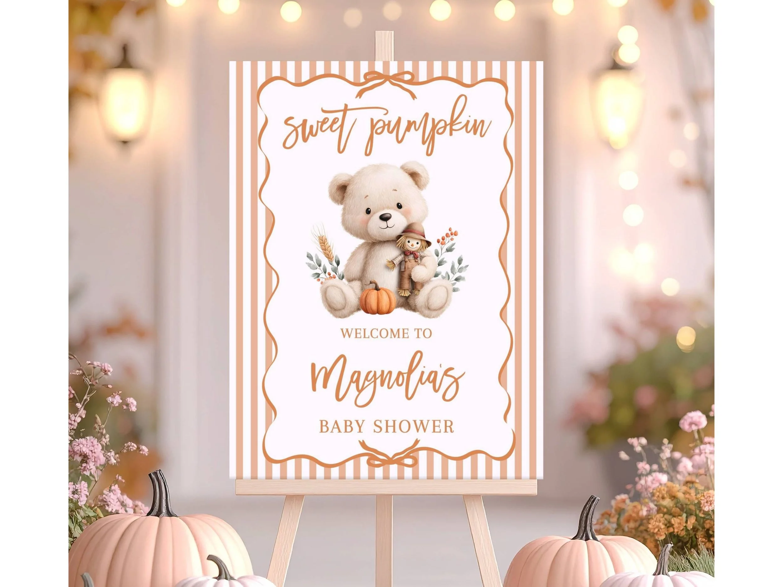 Custom Sweet Pumpkin Teddy Bear and Scarecrow Fall Theme Baby Shower Welcome Sign-F36