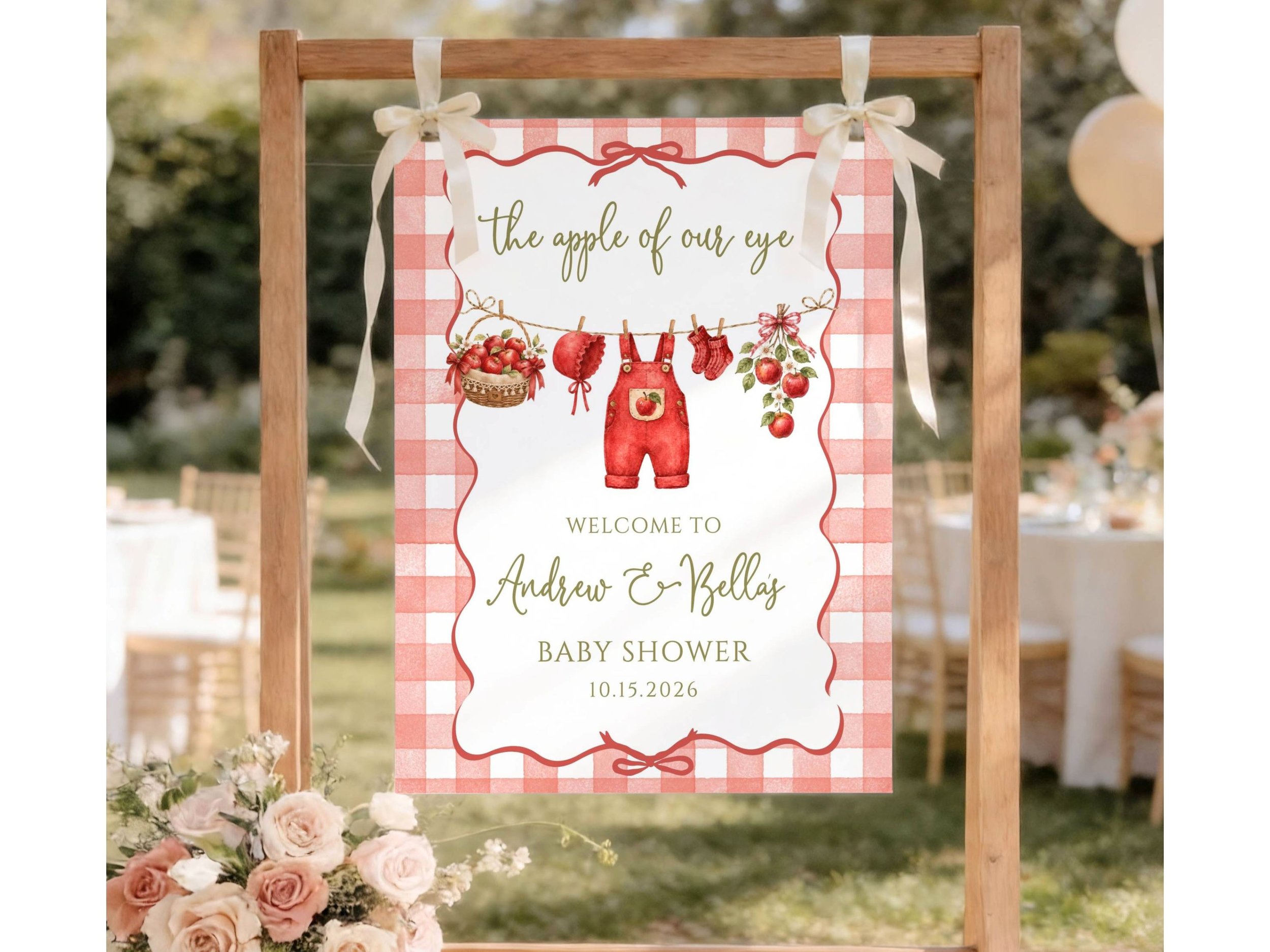 Apple of Our Eye Fall Baby Shower Welcome Sign, Red Gingham & Clothesline Autumn Decor F12