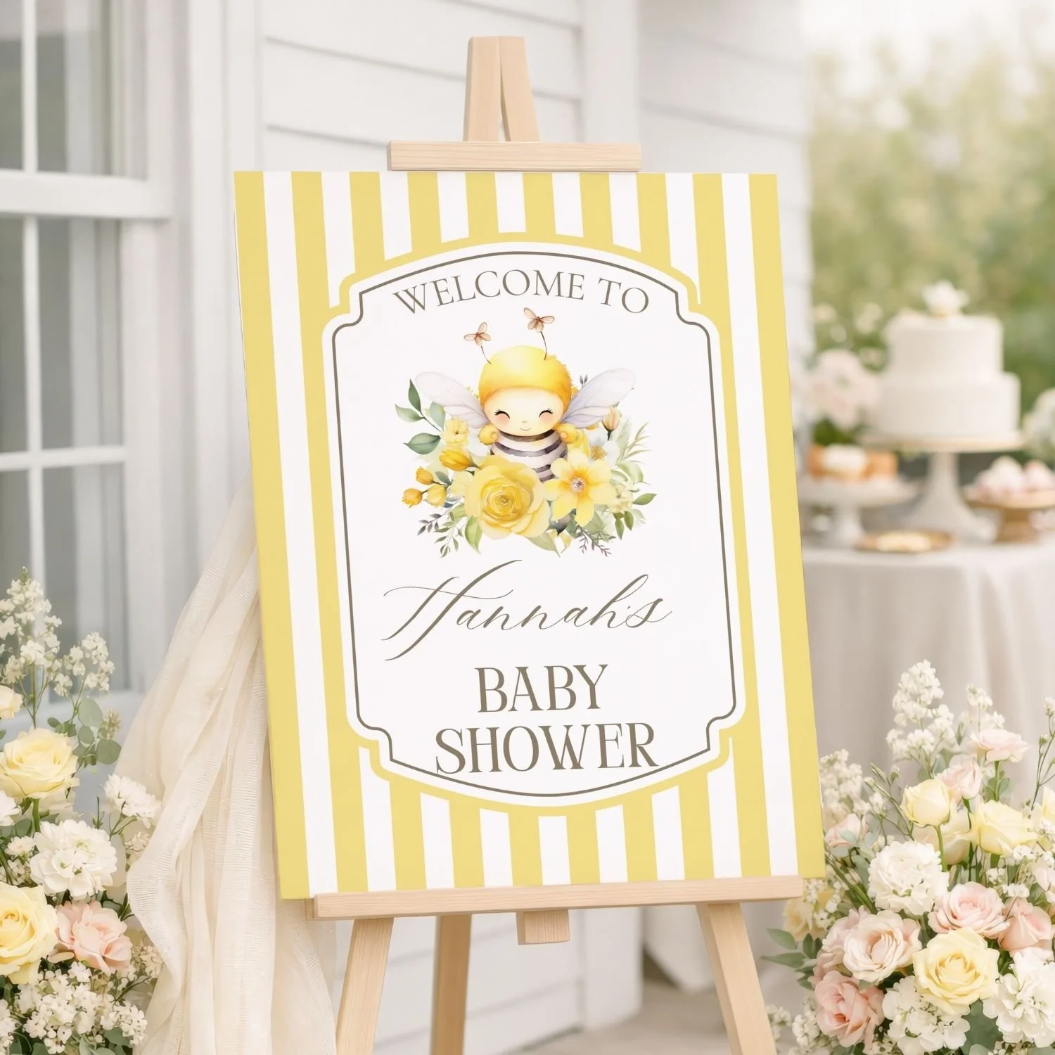 Yellow Striped Bee Baby Shower Welcome Sign-#123