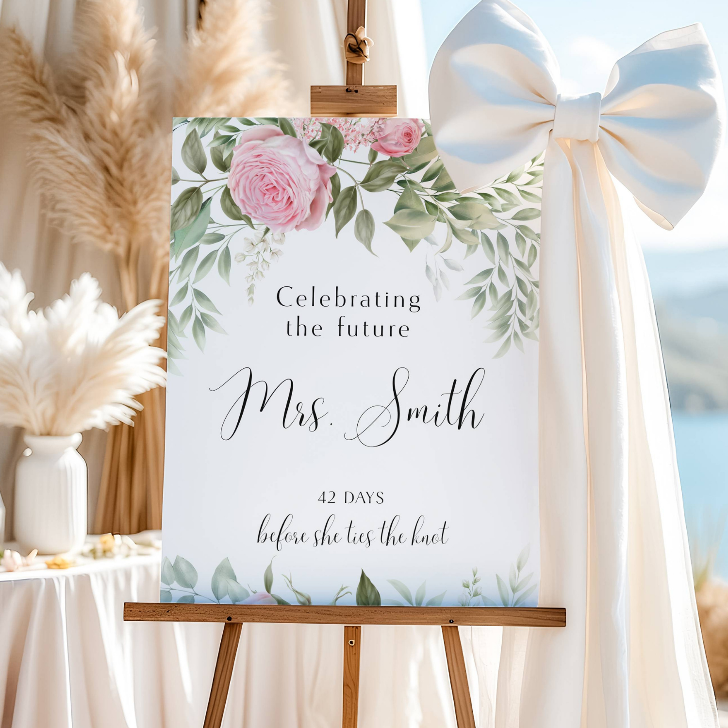 Elegant Pink Rose & Greenery Bridal Shower Welcome Sign #6