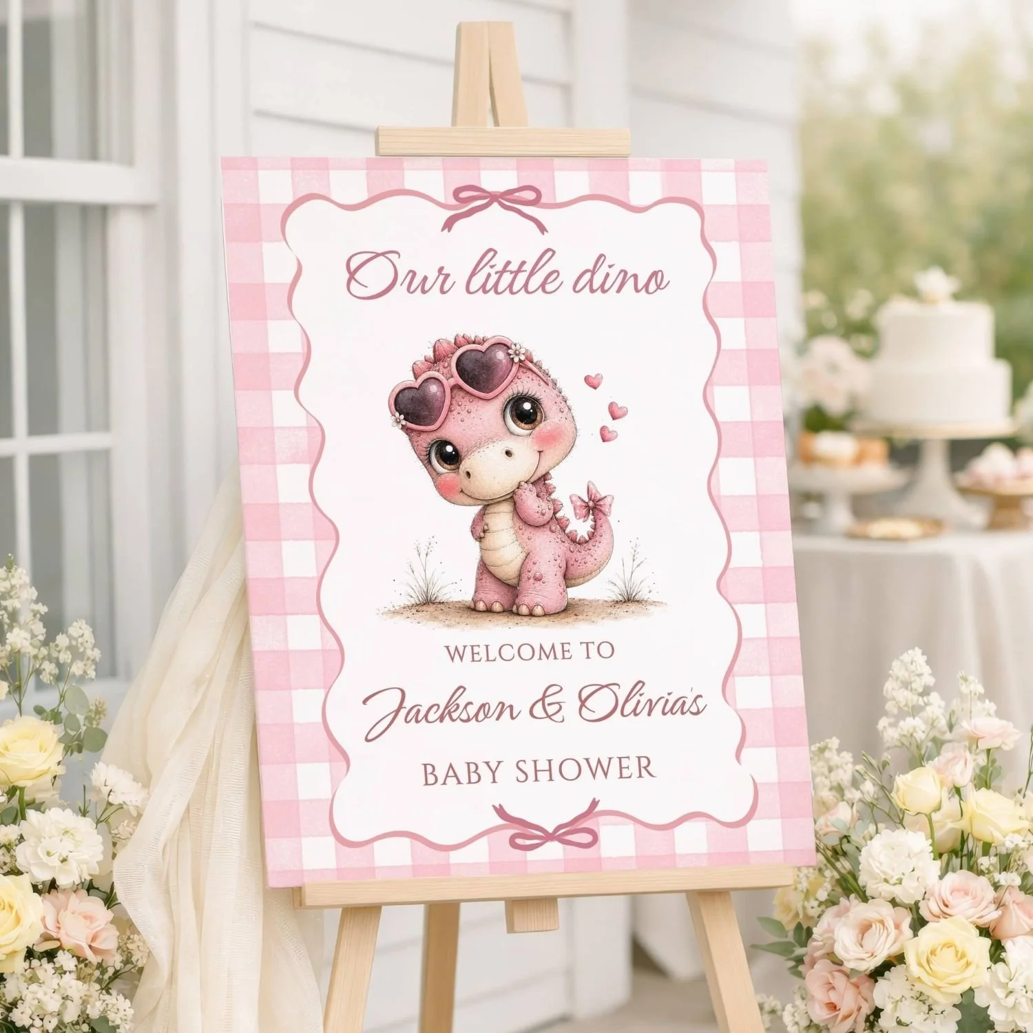 "Our Little Dino" Baby Shower Welcome Sign, Girl Dinosaur Welcome Poster, Pink Gingham Dino Shower Decor #177