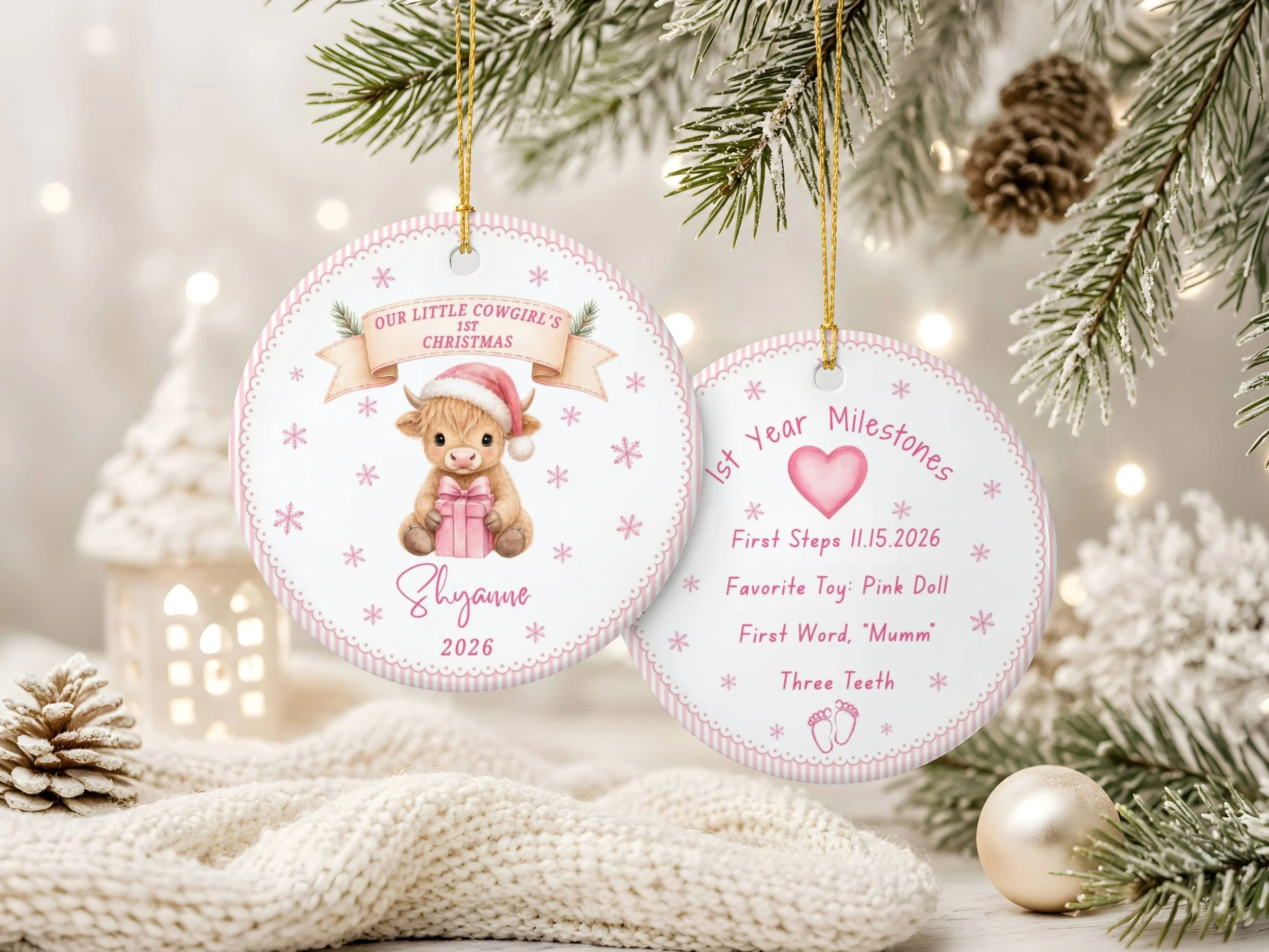 Personalized Baby Highland Girl Cow First Christmas Ceramic Ornament, Pink & White Stripe Border CK5