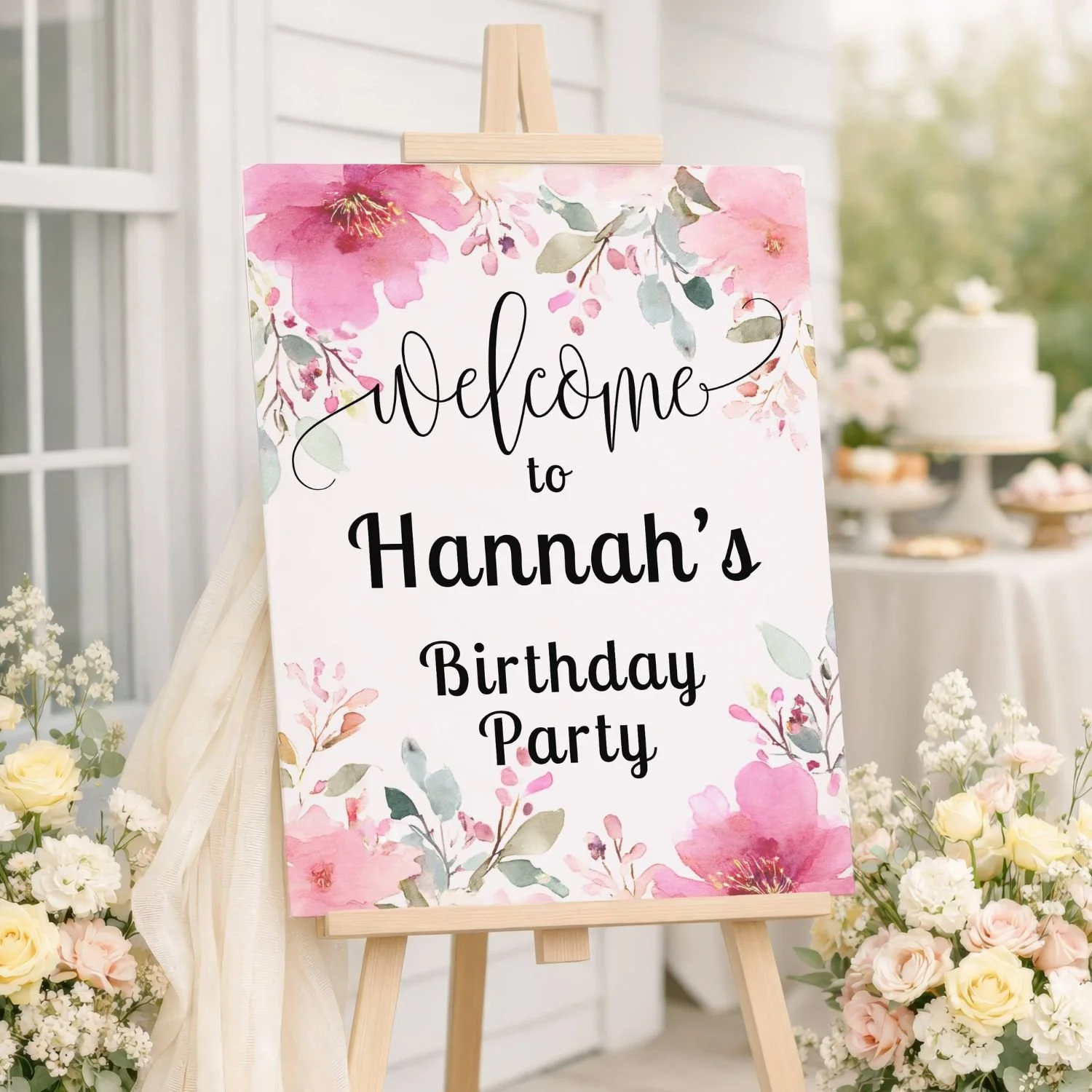 Personalized Girl's Birthday Party Welcome Sign, Pink Garden Floral Poster, Foam Board, Canvas #13