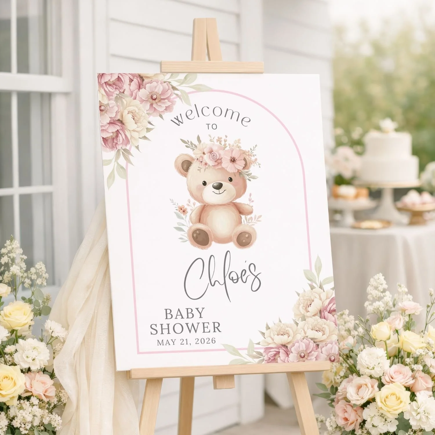Pink Flowers Teddy Bear Girl Baby Shower Welcome Sign-#108