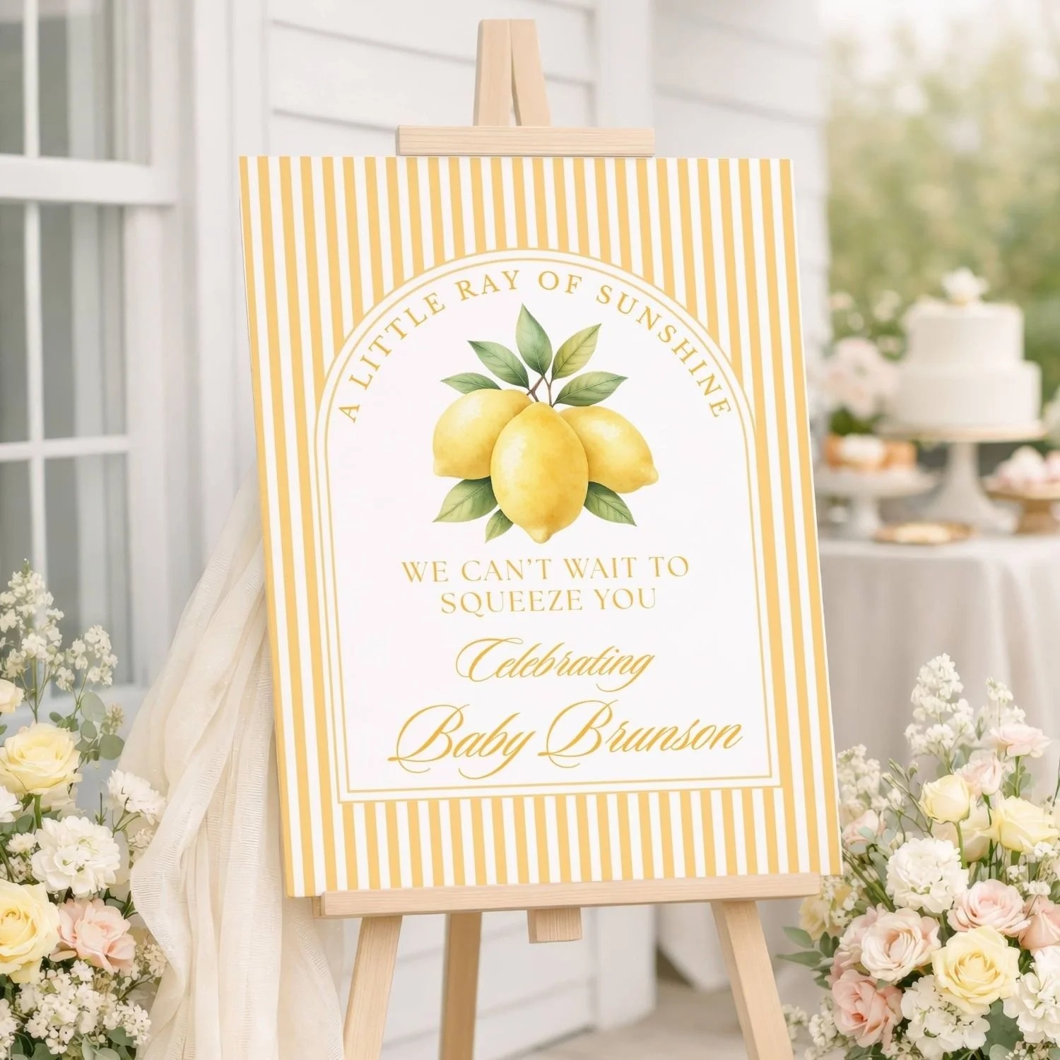 Little Ray of Sunshine Baby Shower Welcome Sign, Citrus Lemon Yellow Striped Decor #183