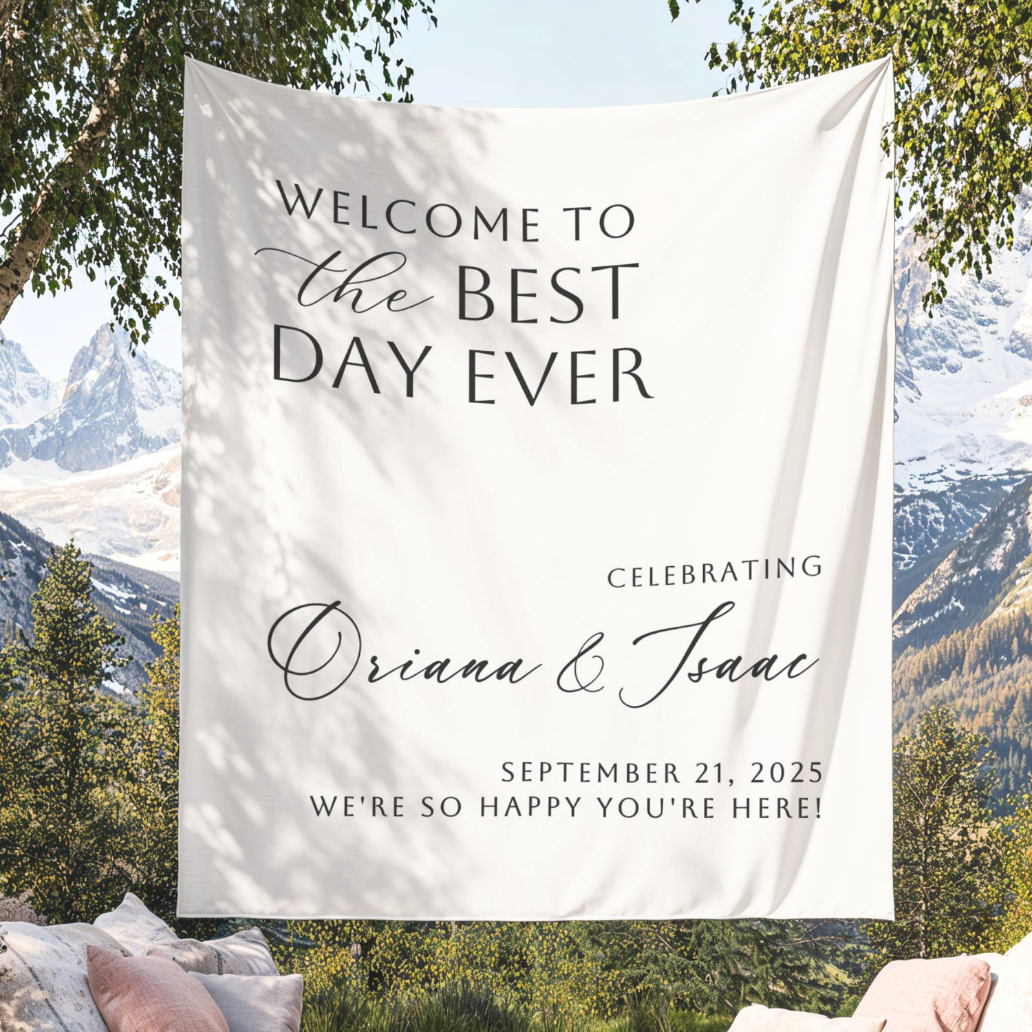Personalized Best Day Ever Wedding Welcome Sign Fabric Tapestry Banner #12