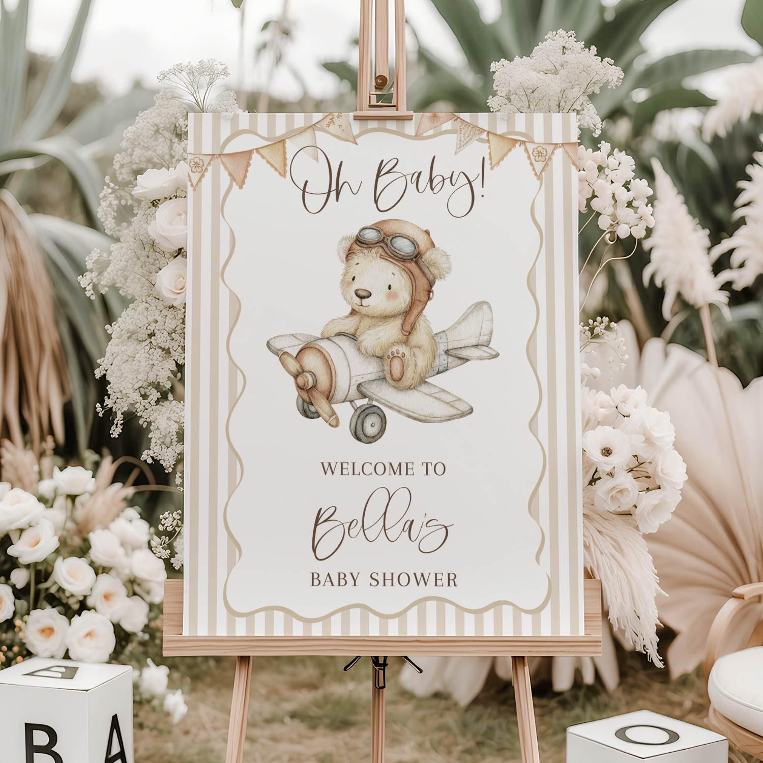 Little Teddy Bear Flying Pilot Baby Shower Welcome Sign-#170