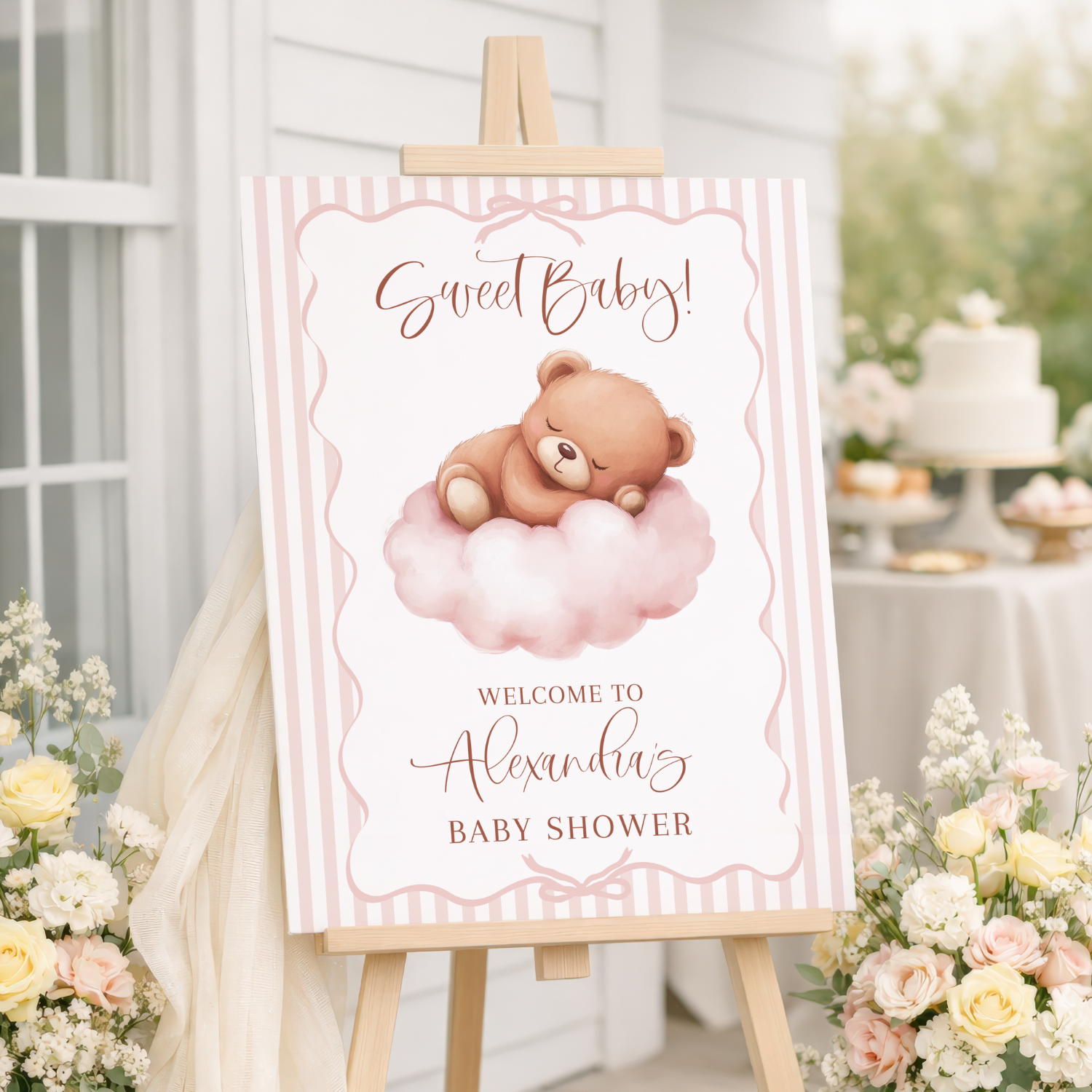 Blush Pink Sleeping Teddy Bear Baby Shower Welcome Sign-#134