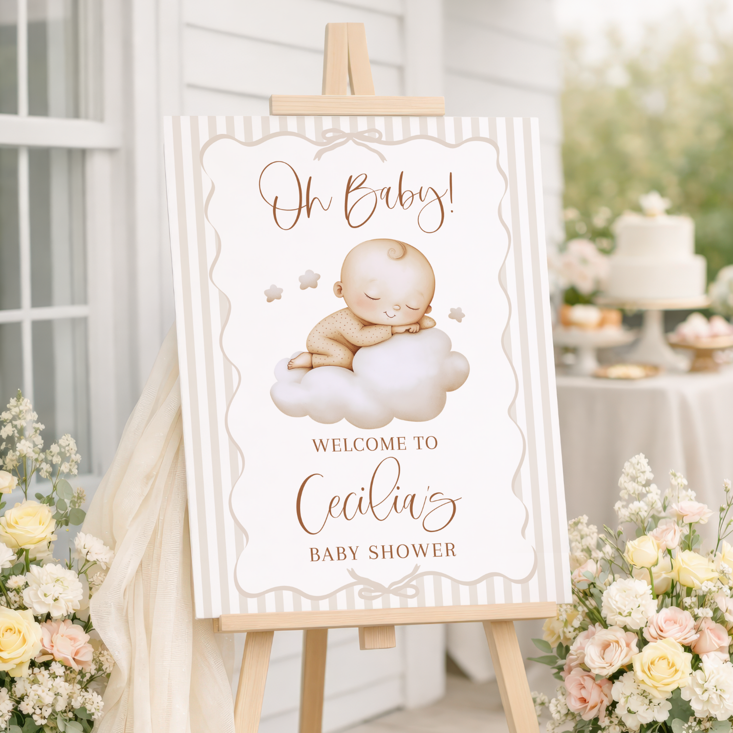 Sleeping Baby on Cloud Beige Striped Baby Shower Welcome Sign-#172