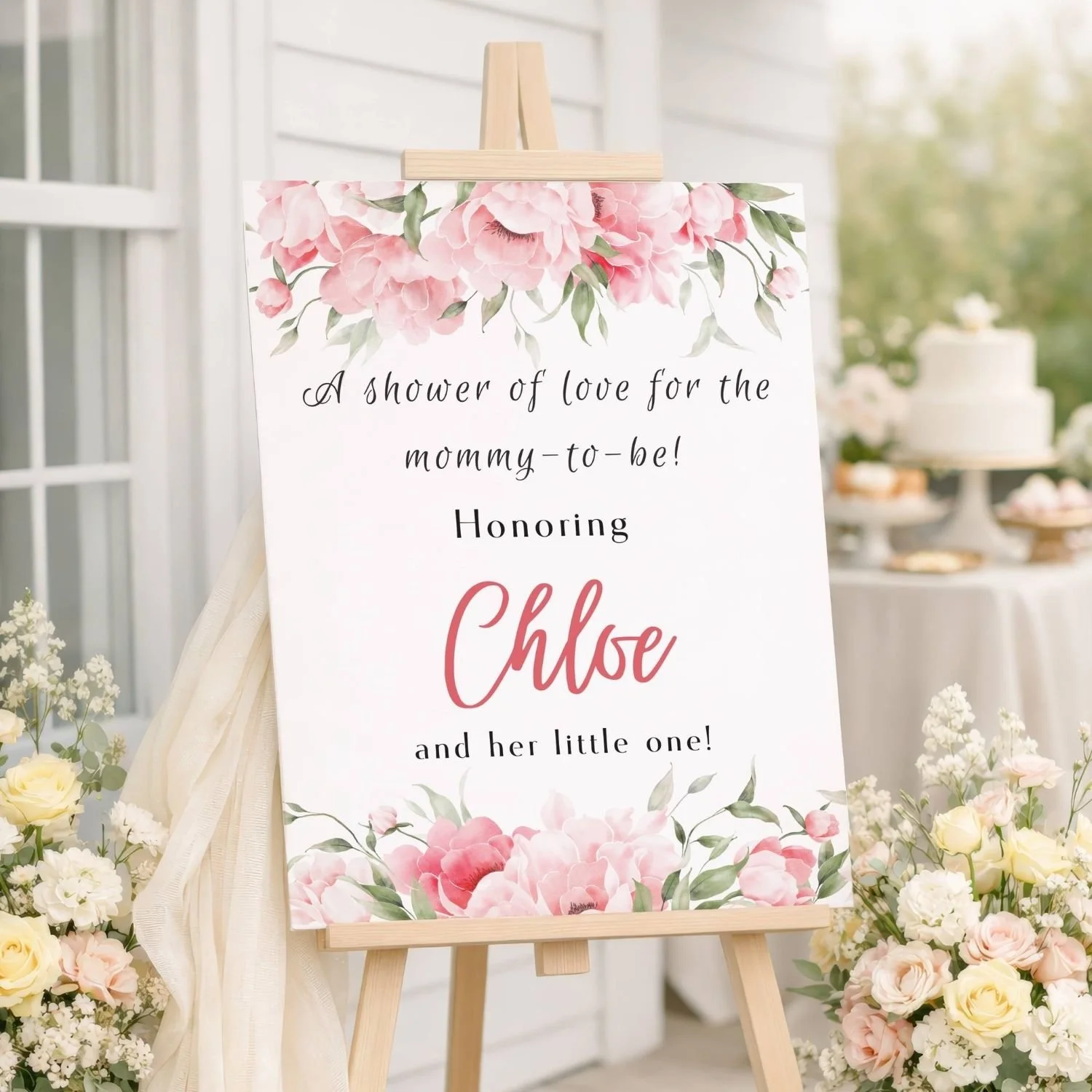 Pink Peony Flower Baby Shower Welcome Sign #73-Chloe