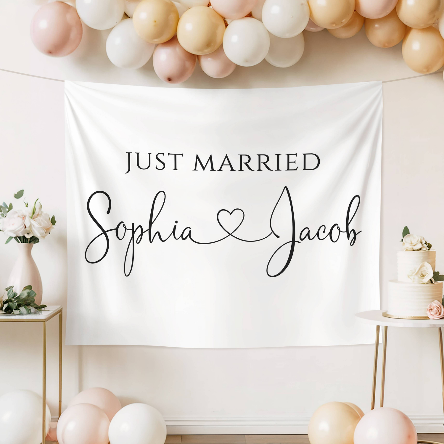 Custom Just Married Couple Name Sign, Heart Wedding Welcome Tapestry #4