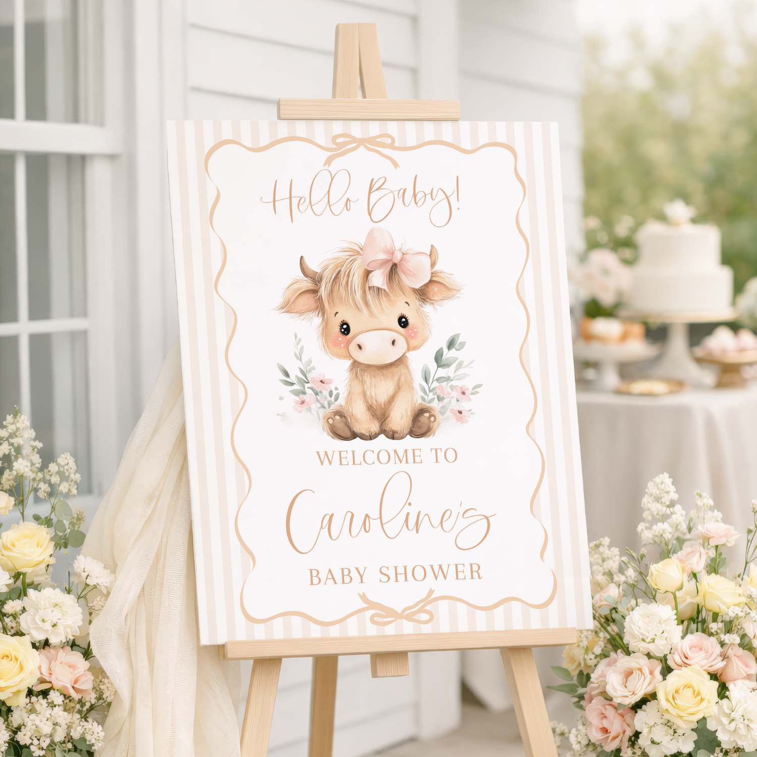 Little Highland Cow Striped Girl Baby Shower Welcome Sign-#166