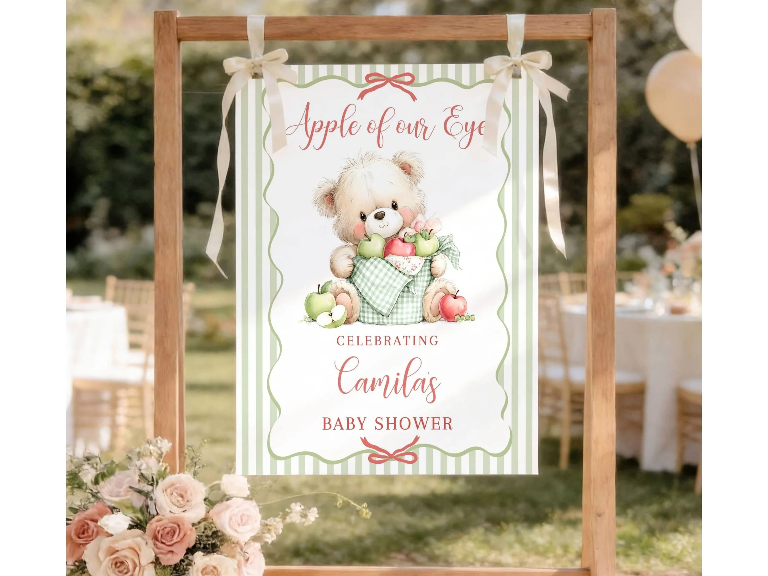Apple of Our Eye Fall Baby Shower Welcome Sign, Green Stripes & Teddy Bear Autumn Poster F14