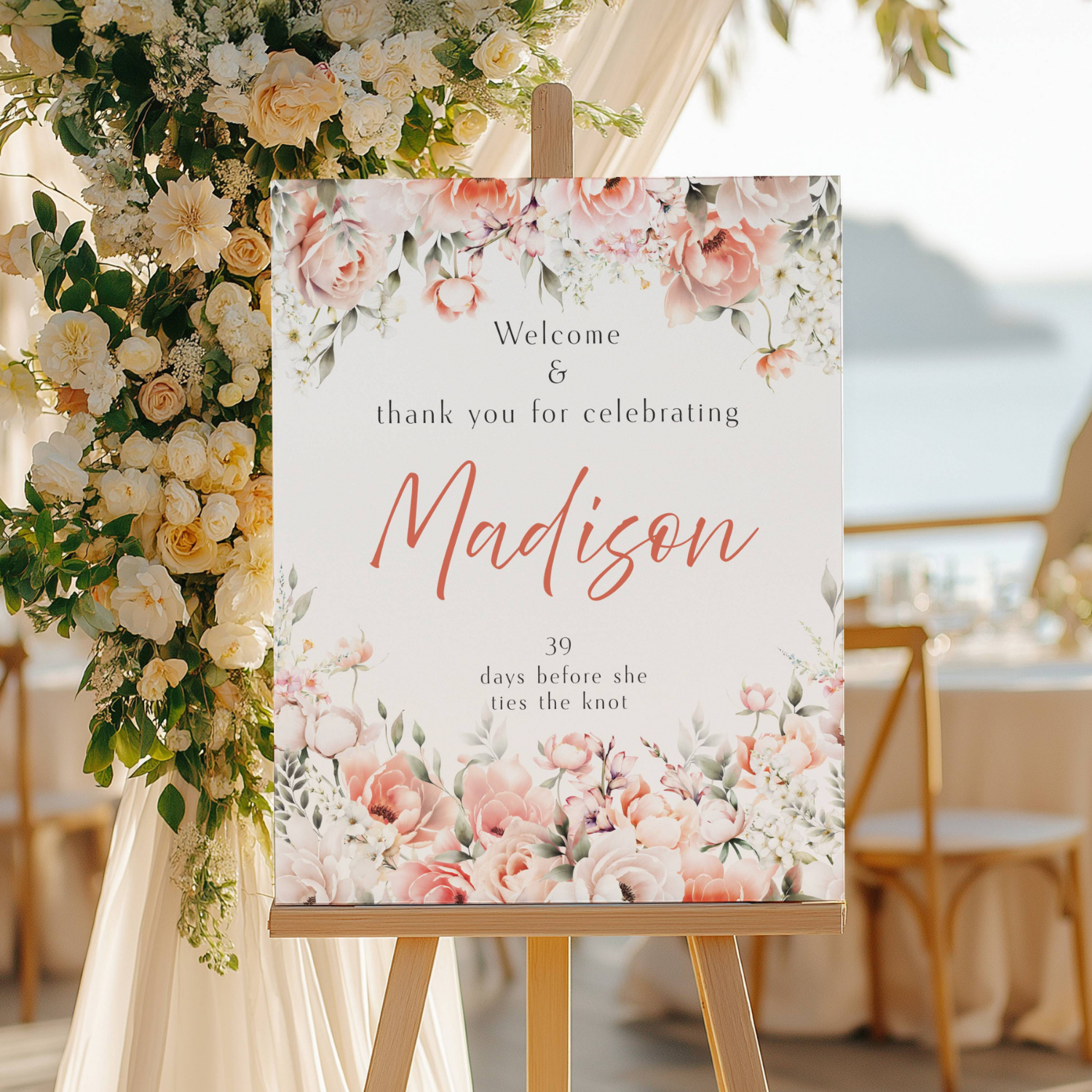 Coral and Peach Floral Bridal Shower Welcome Sign, Printed or Digital #8