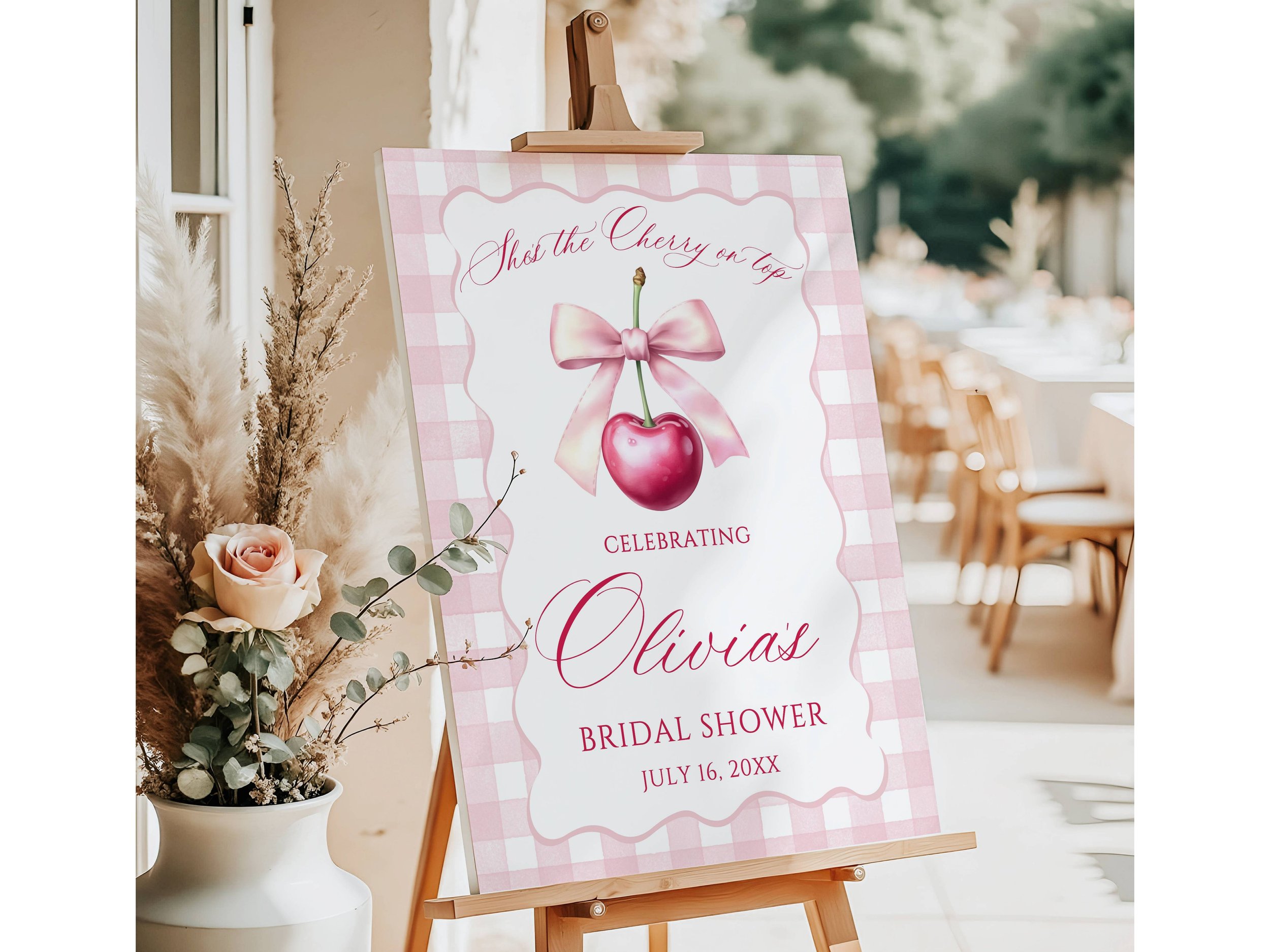 Custom "She's the Cherry on Top!" Pink Gingham Bridal Shower Welcome Sign #54
