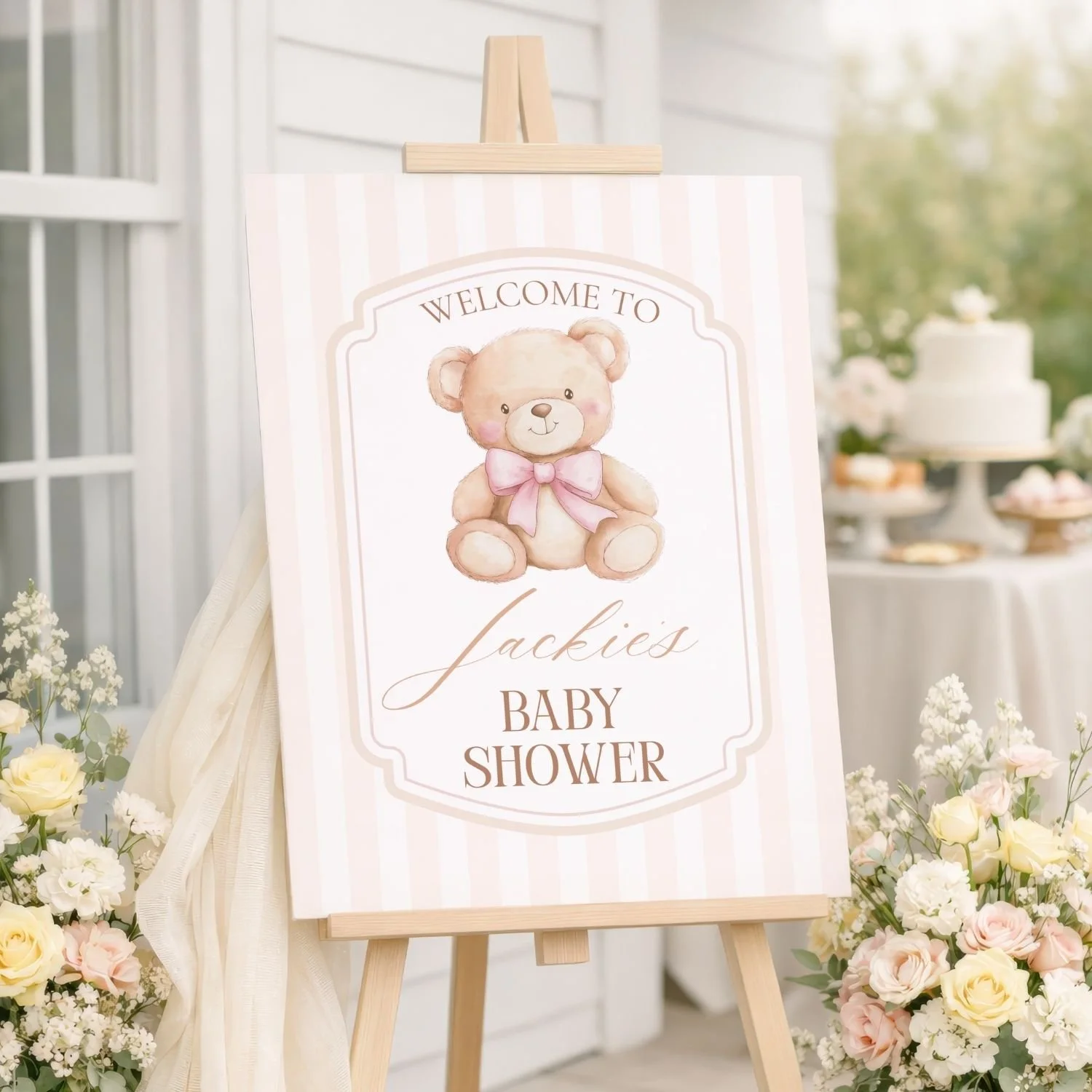 Pink Bow Teddy Bear Girl Baby Shower Welcome Sign-#110