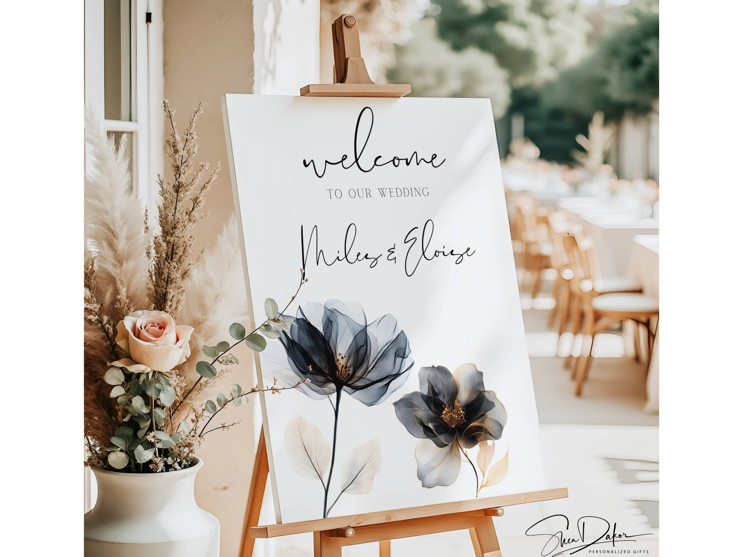 Personalized Minimalist Black and Gold Floral Wedding Welcome Sign, Printed or Digital #CV27
