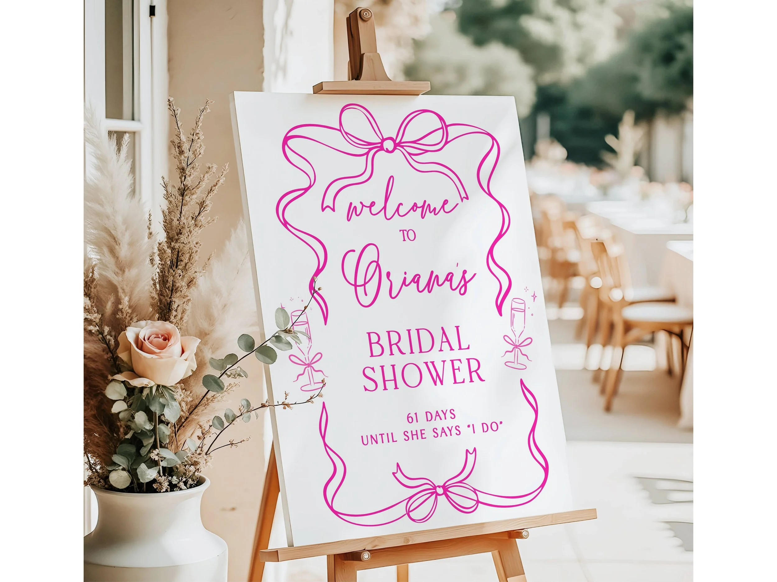 Hot Pink Bow Border Bridal Shower Welcome Sign, Preppy Champagne Poster #59