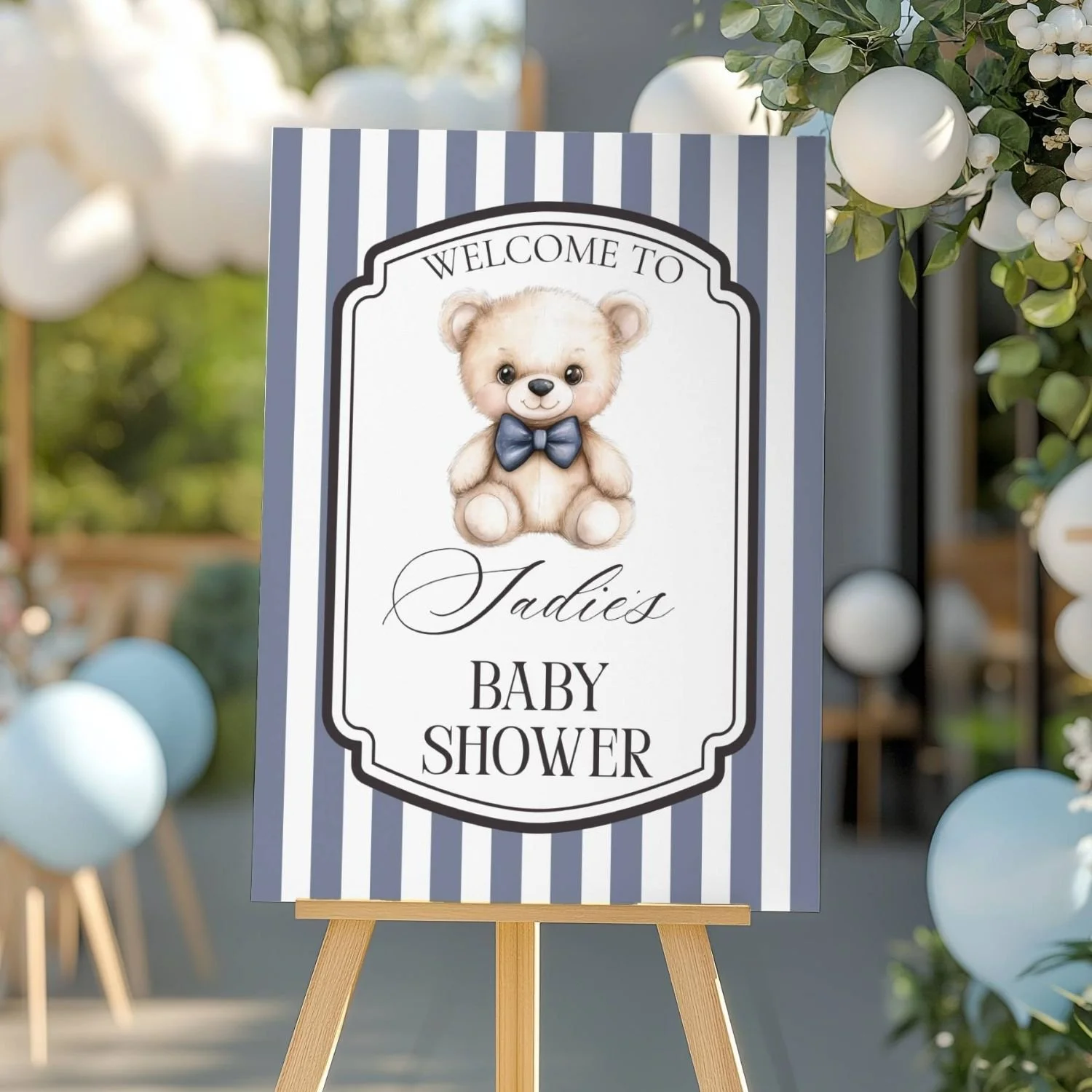 Blue Bow Tie Striped Teddy Bear Baby Shower Welcome Sign-#114