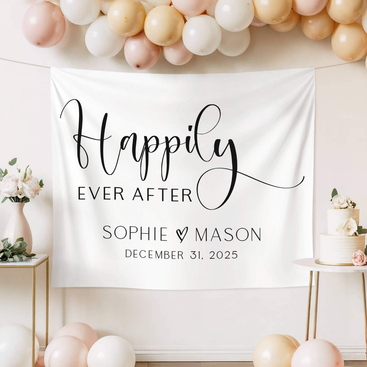 Personalized Happily Ever After Wedding Welcome Sign Tapestry Banner #29