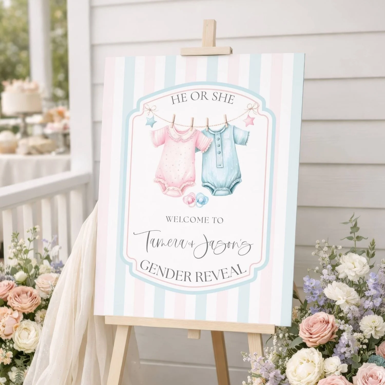Pink and Blue Baby Clothes Clothesline Gender Reveal Welcome Sign Poster #5