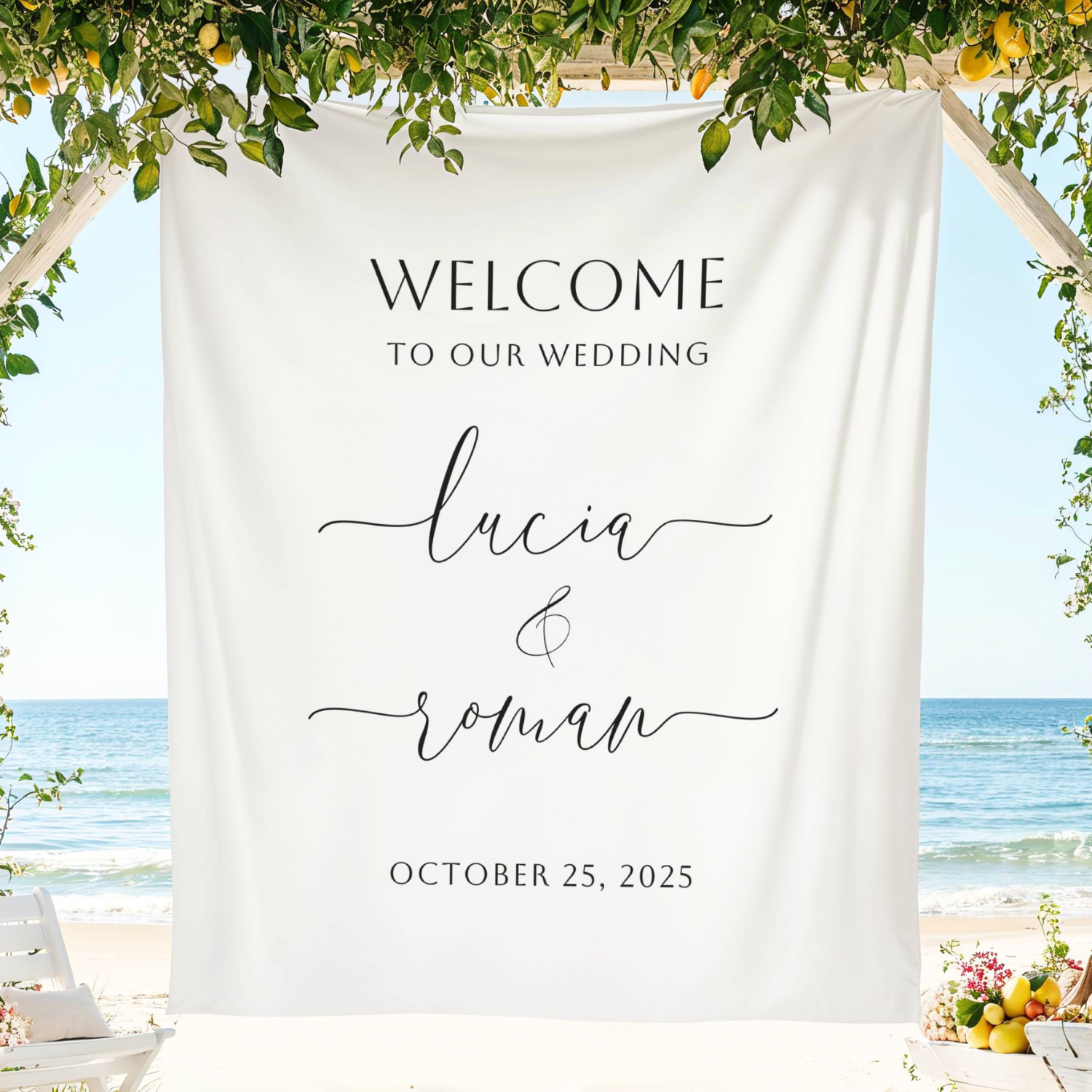 Minimalist Wedding Welcome Sign Tapestry, Sleek Fabric Ceremony Entrance Banner #23