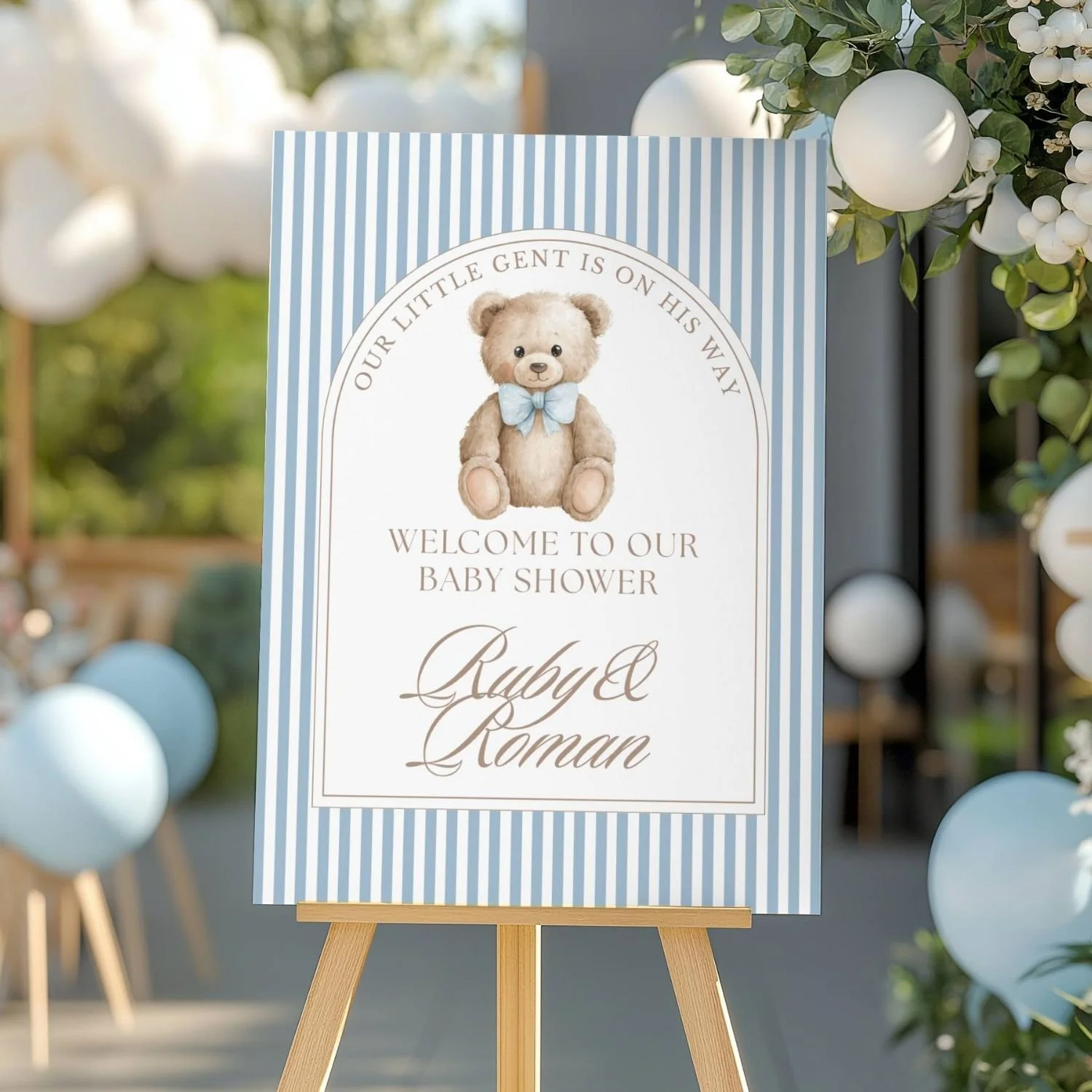Our Little Gent Blue Teddy Bear Baby Shower Welcome Sign-#98