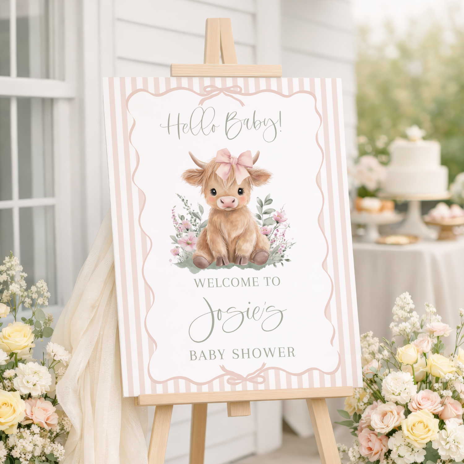 Highland Cow Striped Girl Baby Shower Welcome Sign-#165
