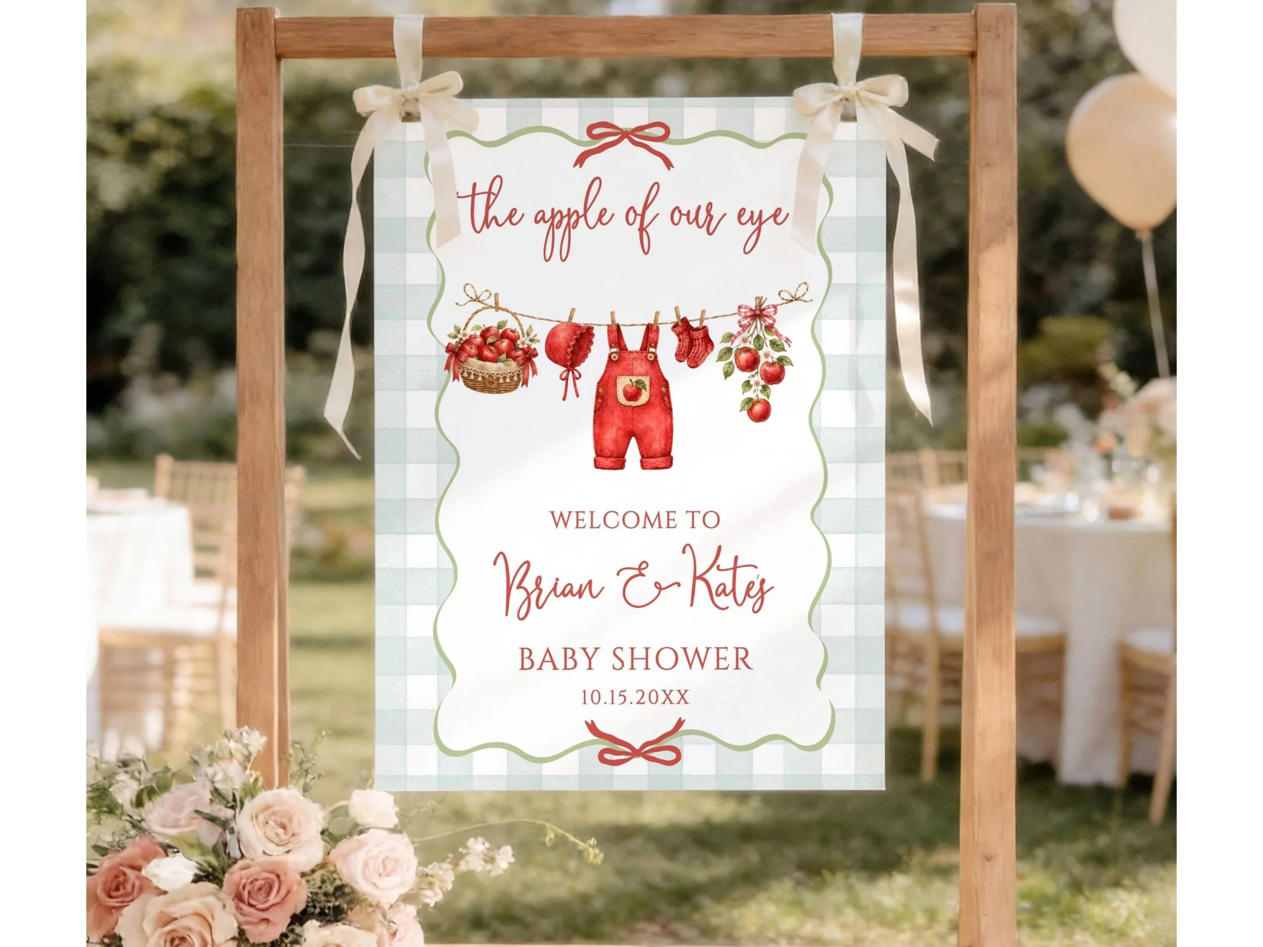 Apple of Our Eye Baby Shower Welcome Sign, Green Gingham Fall Baby Clothesline F24