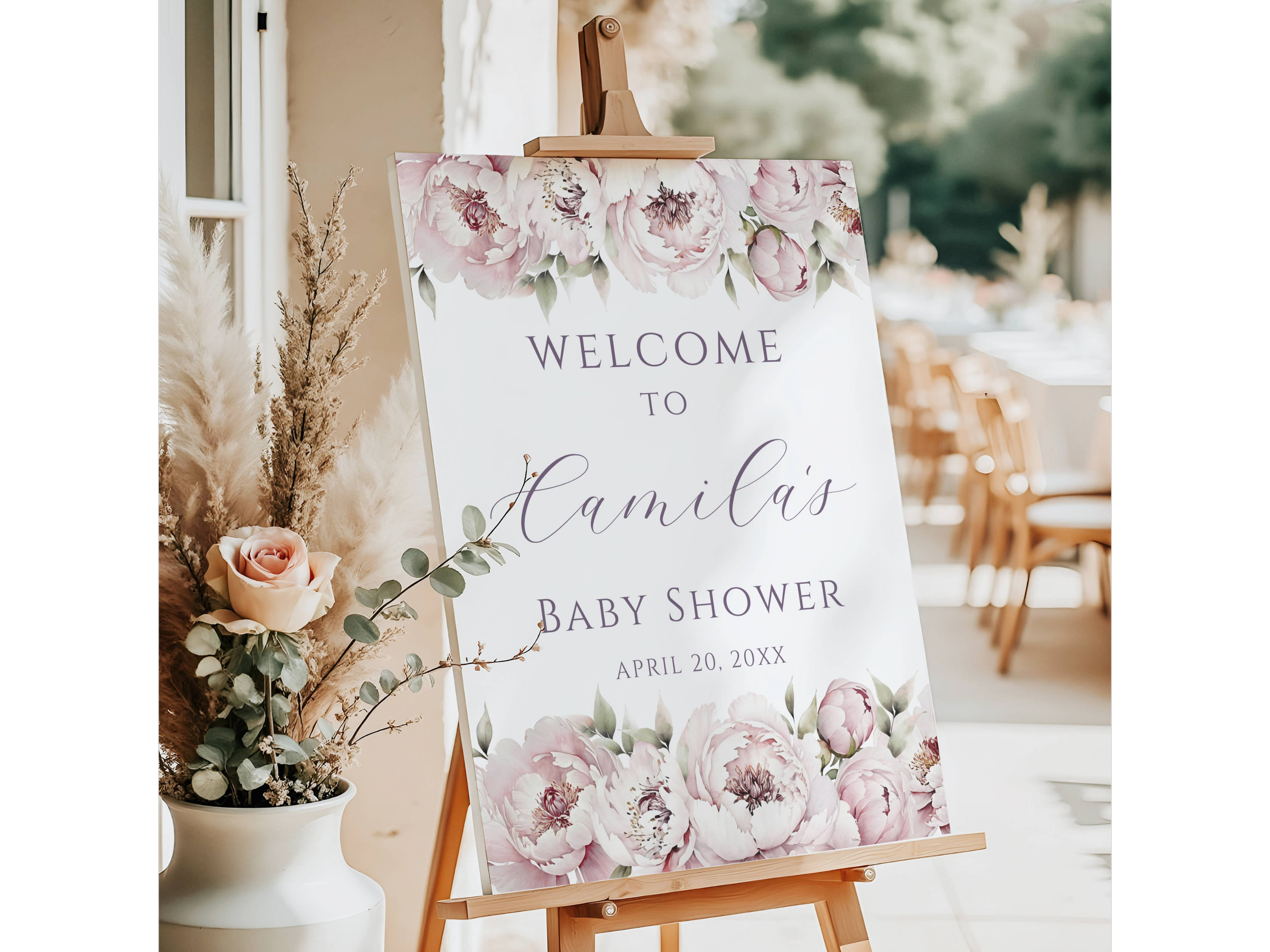 Lavender Peony Flowers Baby Shower Welcome Sign #7