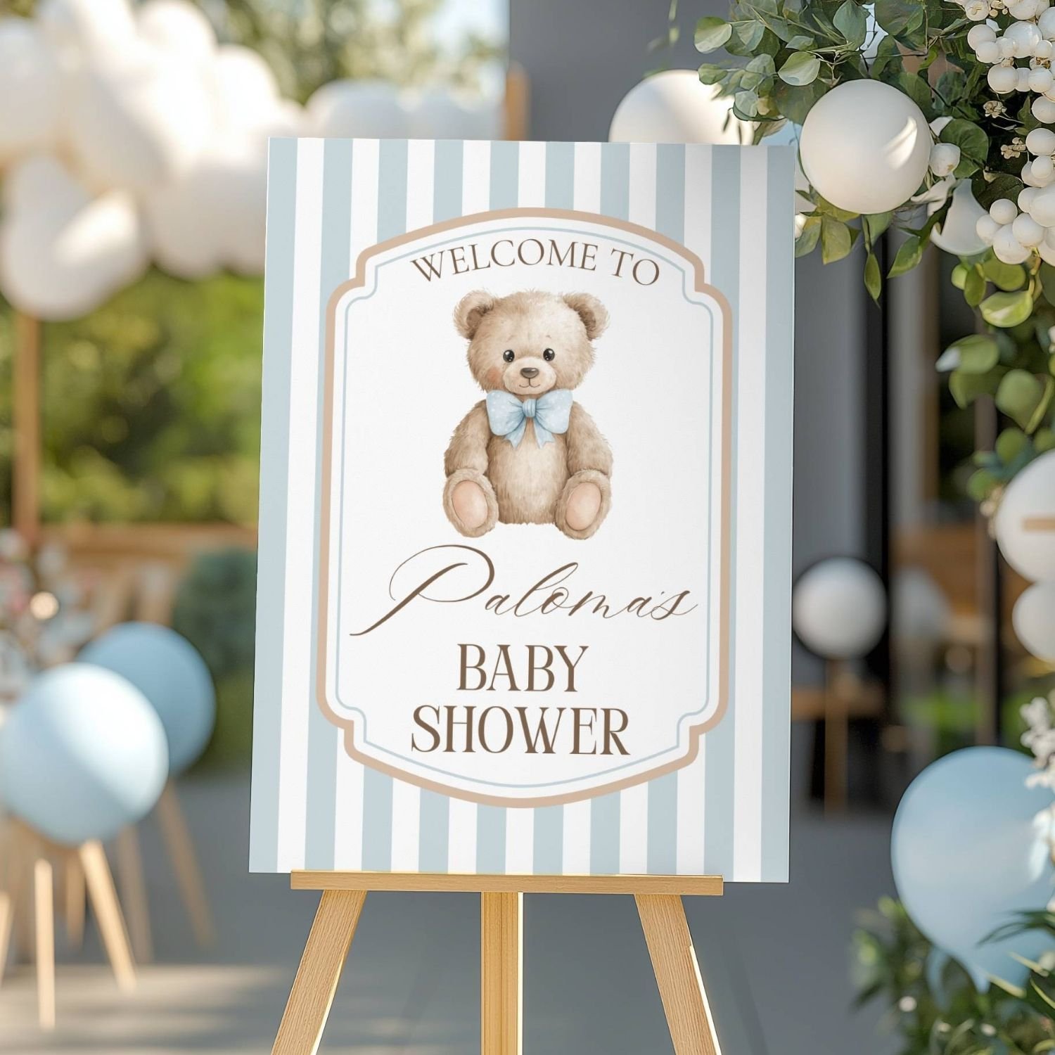 Light Blue Bow Tie Striped Teddy Bear Baby Shower Welcome Sign-#119