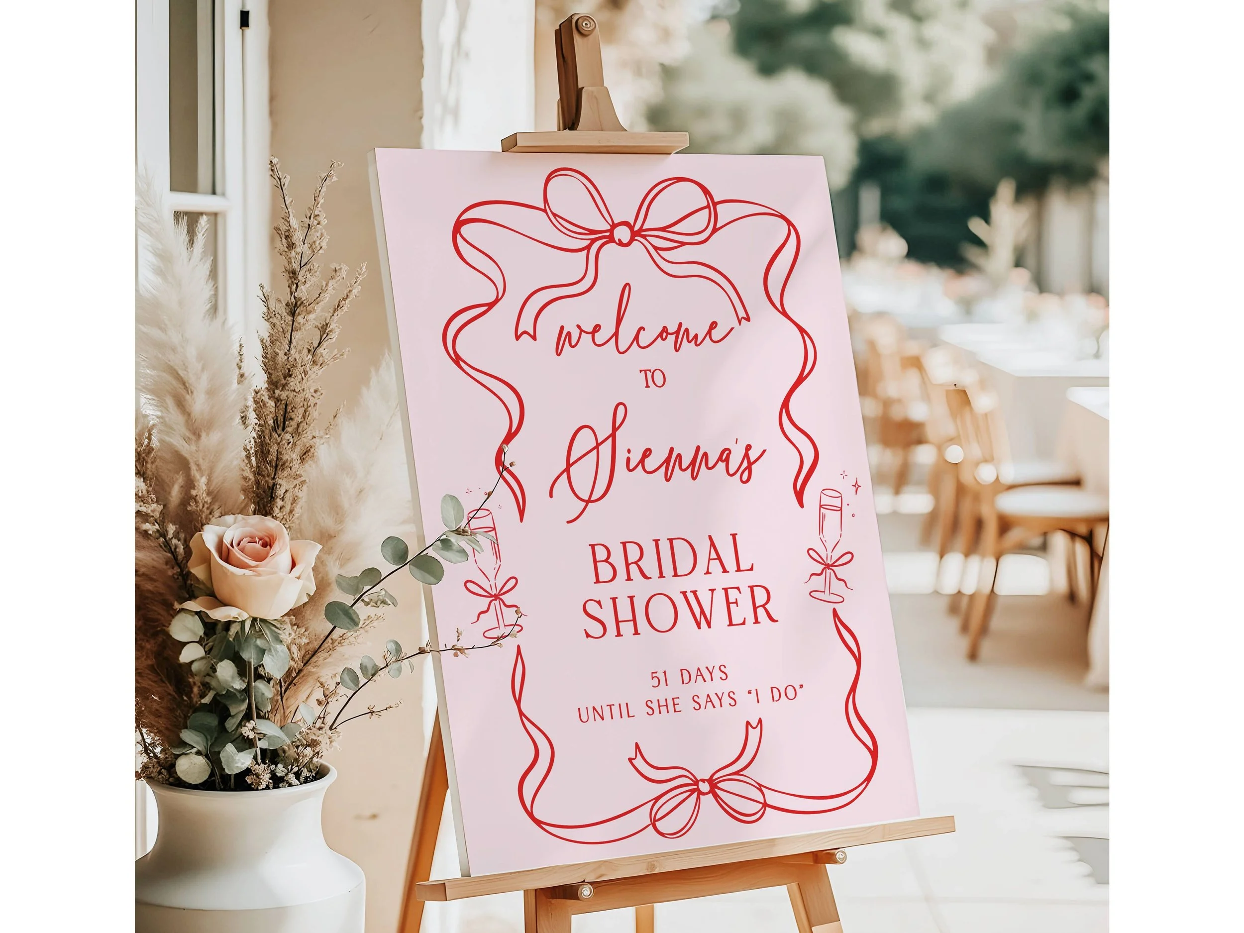 Red Coquette Bow Border Bridal Shower Welcome Sign, Preppy Champagne Poster #60