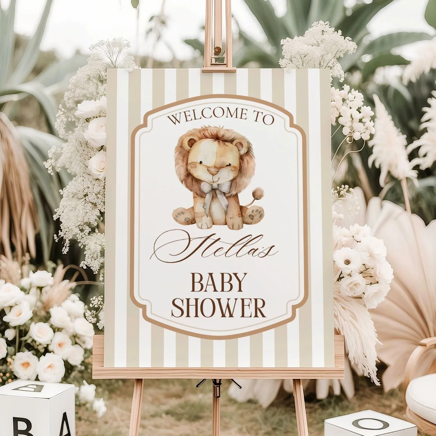 Baby Lion Baby Shower Welcome Sign, Beige Stripe Safari Welcome Poster, Neutral Jungle Party Decor-#175