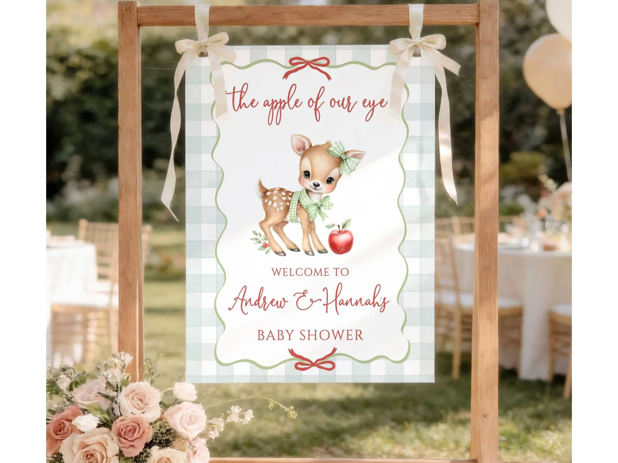 Green Gingham Fall Baby Shower Welcome Sign, The Apple of Our Eye Baby Deer Poster  F18