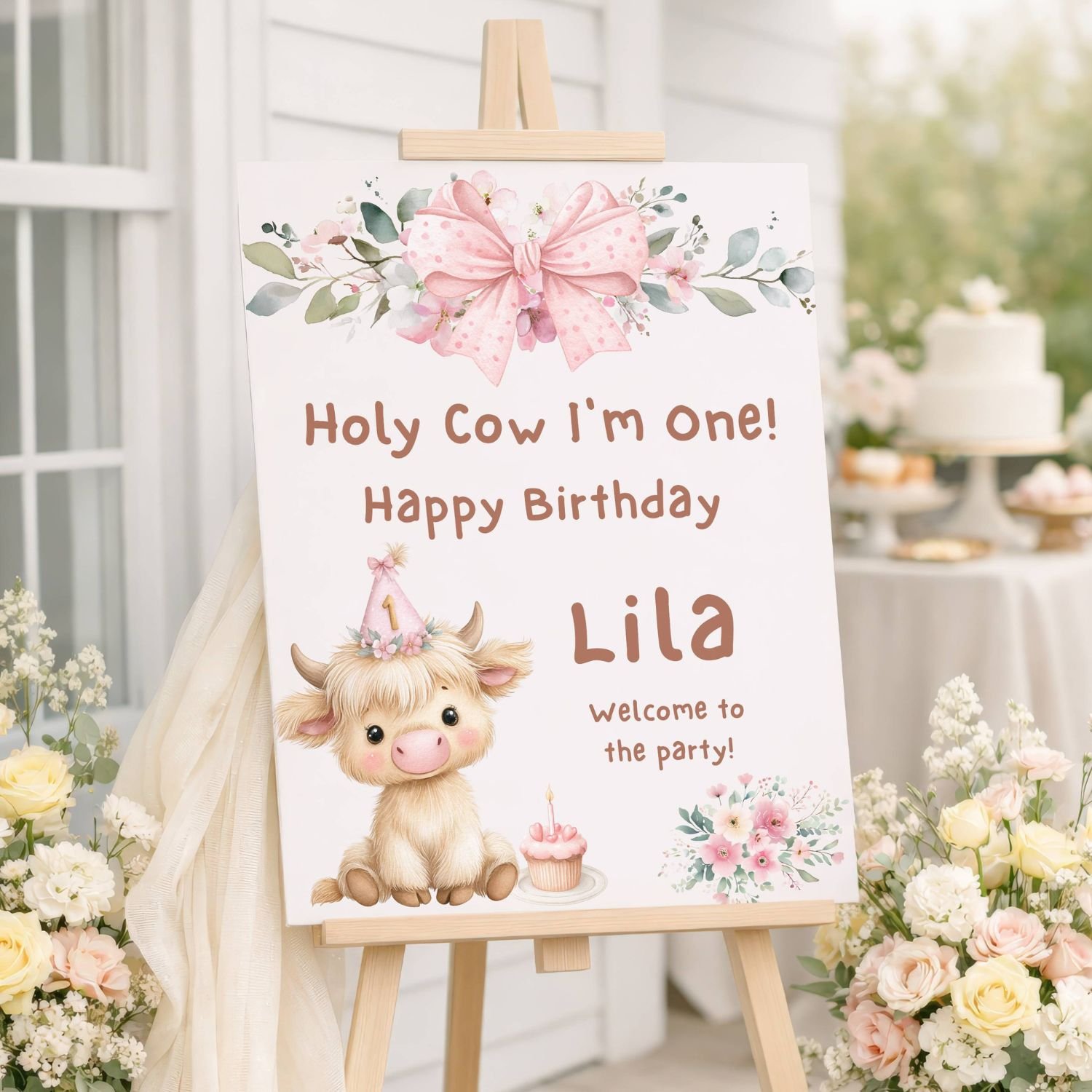 Highland Cow 1st Birthday Welcome Sign, Holy Cow I'm One Girl Party #10