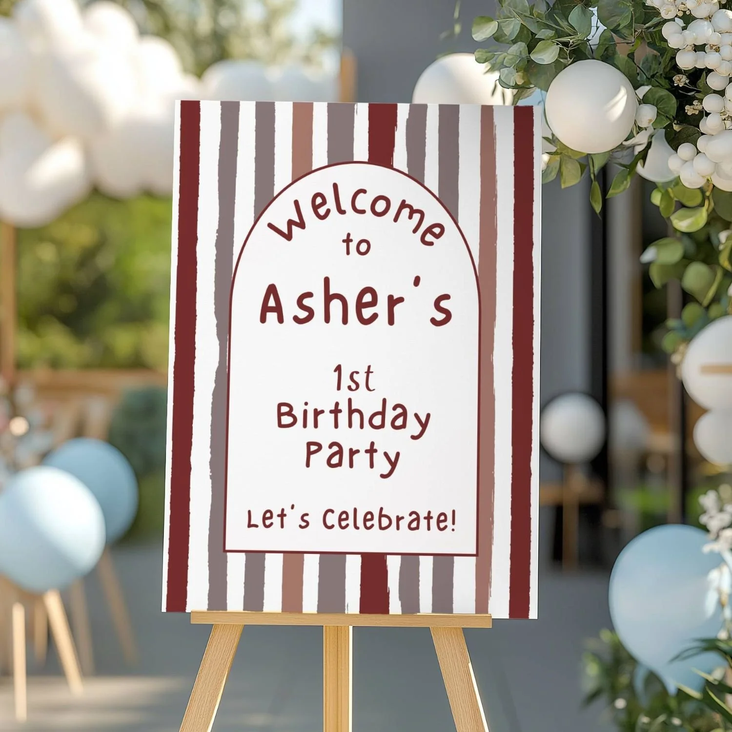 Personalized Stripe Boy First Birthday Welcome Sign, Burgundy, Chocolate, Gray #33