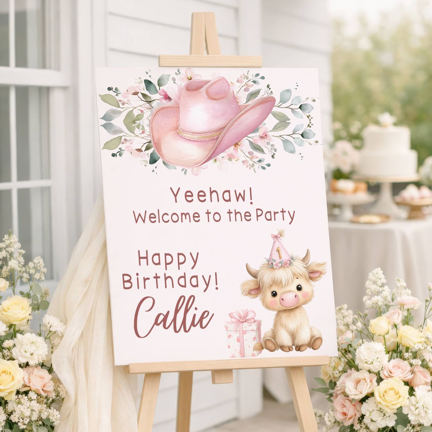 Highland Cow Birthday Welcome Sign, Pink Cowgirl Yeehaw Party Poster #9
