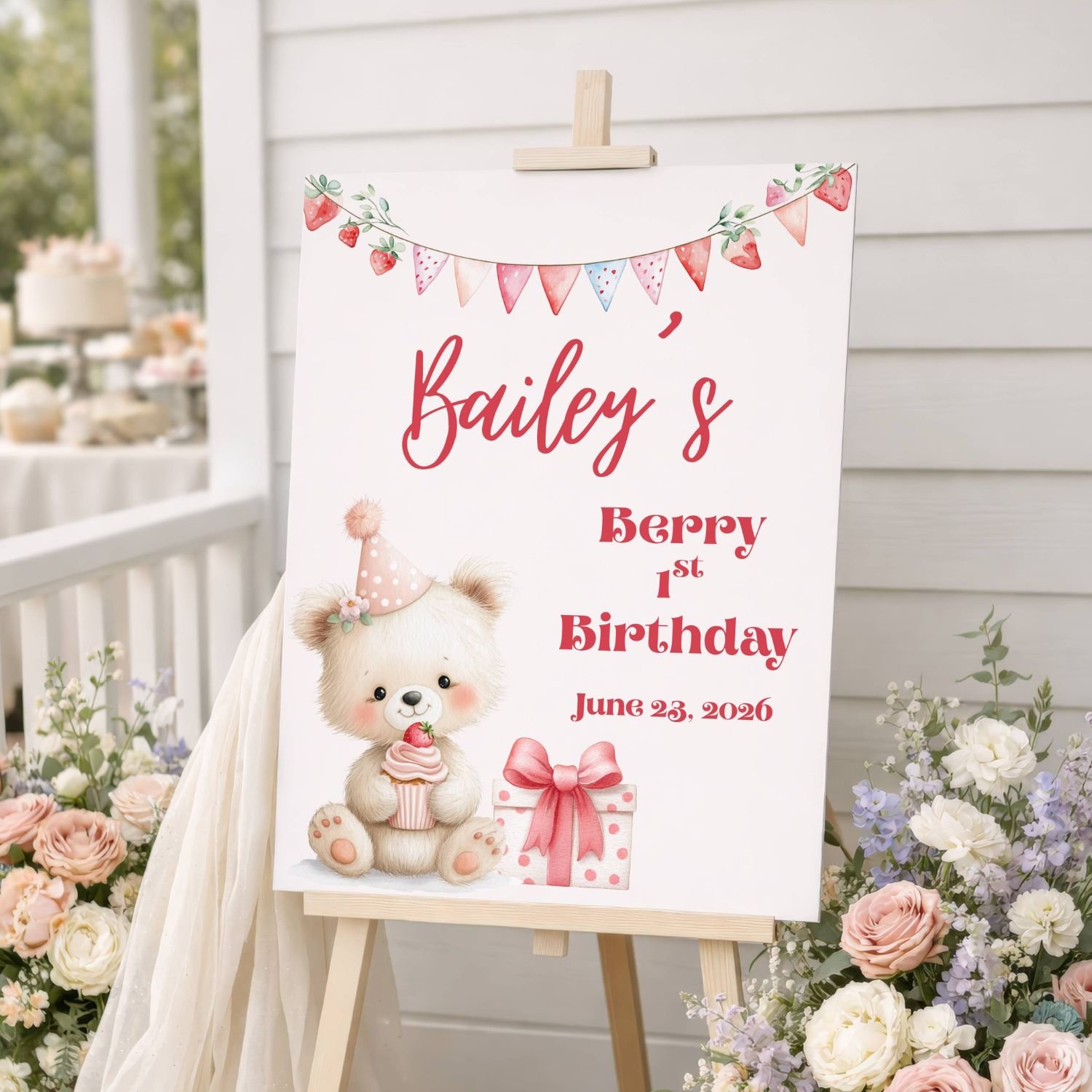 Berry Sweet One Birthday Sign, Pink Cupcake Girl 1st Party Poster, Strawberry and Teddy Bear Welcome Board  #3