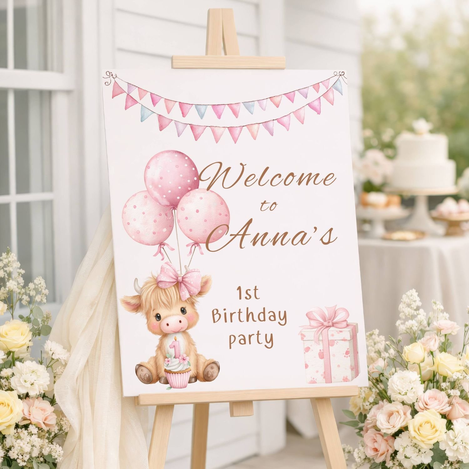 Highland Cow 1st Birthday Welcome Sign, Pink Bow & Balloons Decor #11