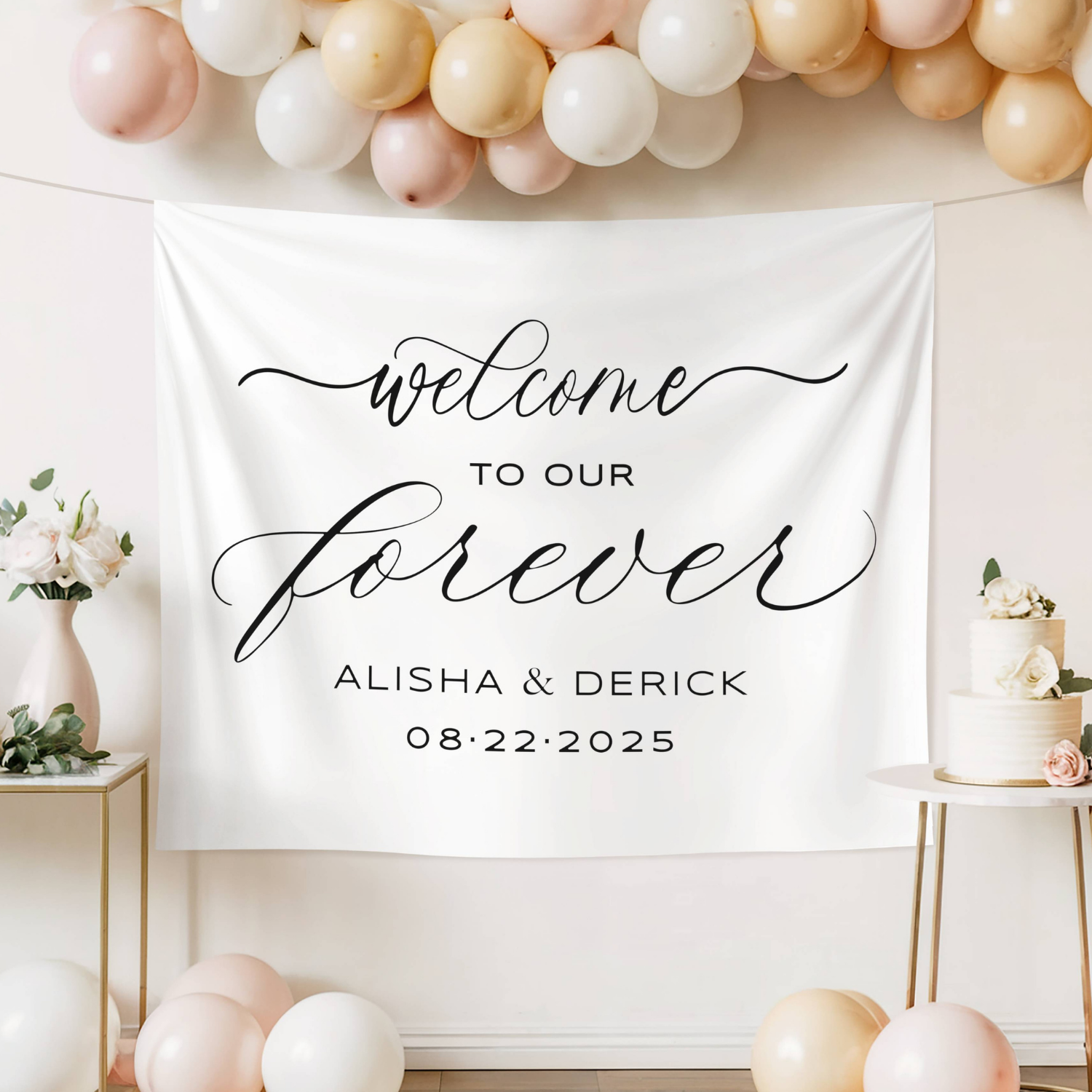 Welcome to Our Forever Wedding Sign, Fabric Tapestry Banner Decor #40