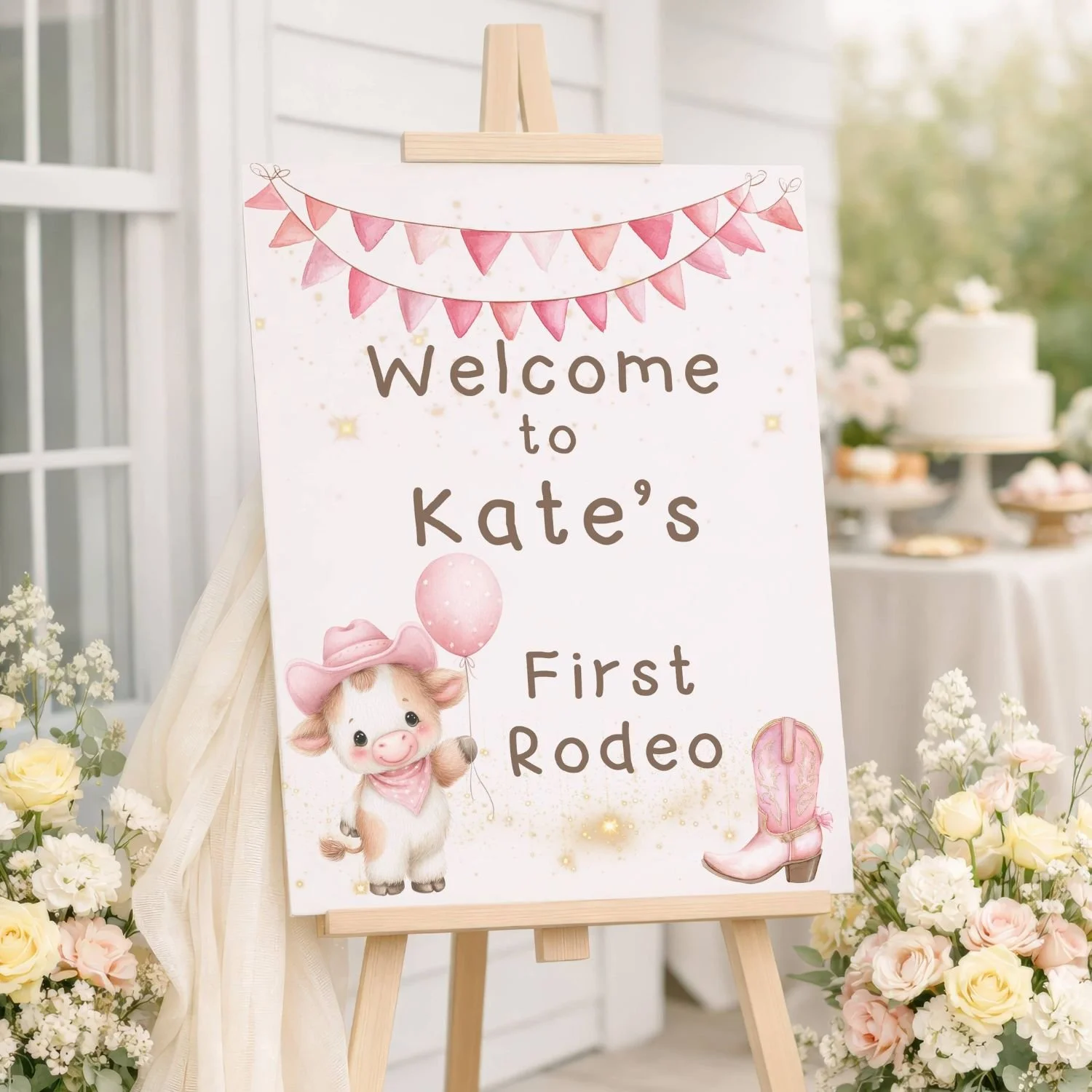 Highland Cow Welcome to My First Rodeo Birthday Sign, Pink Cowgirl Boot #15