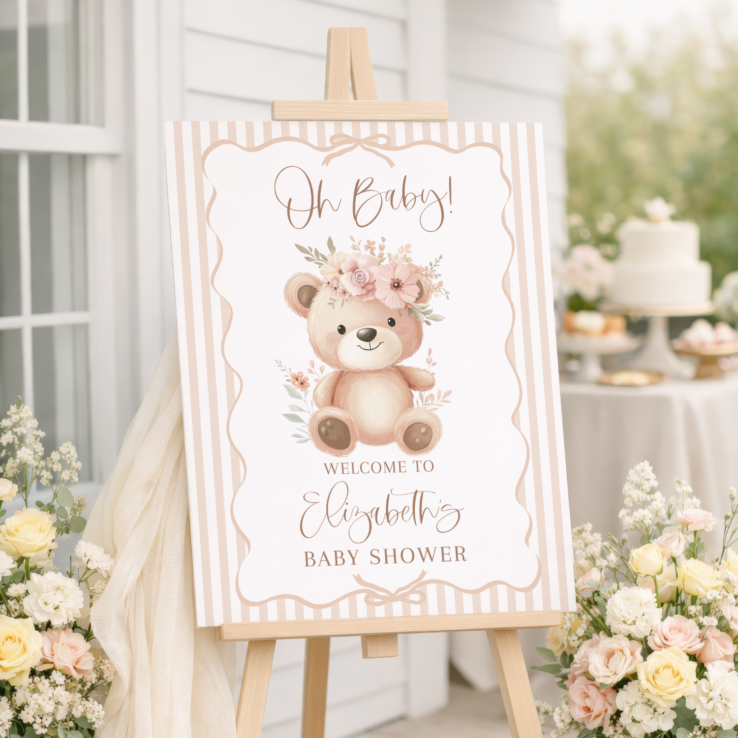 Cream Striped Teddy Bear Girl Baby Shower Welcome Sign-#132