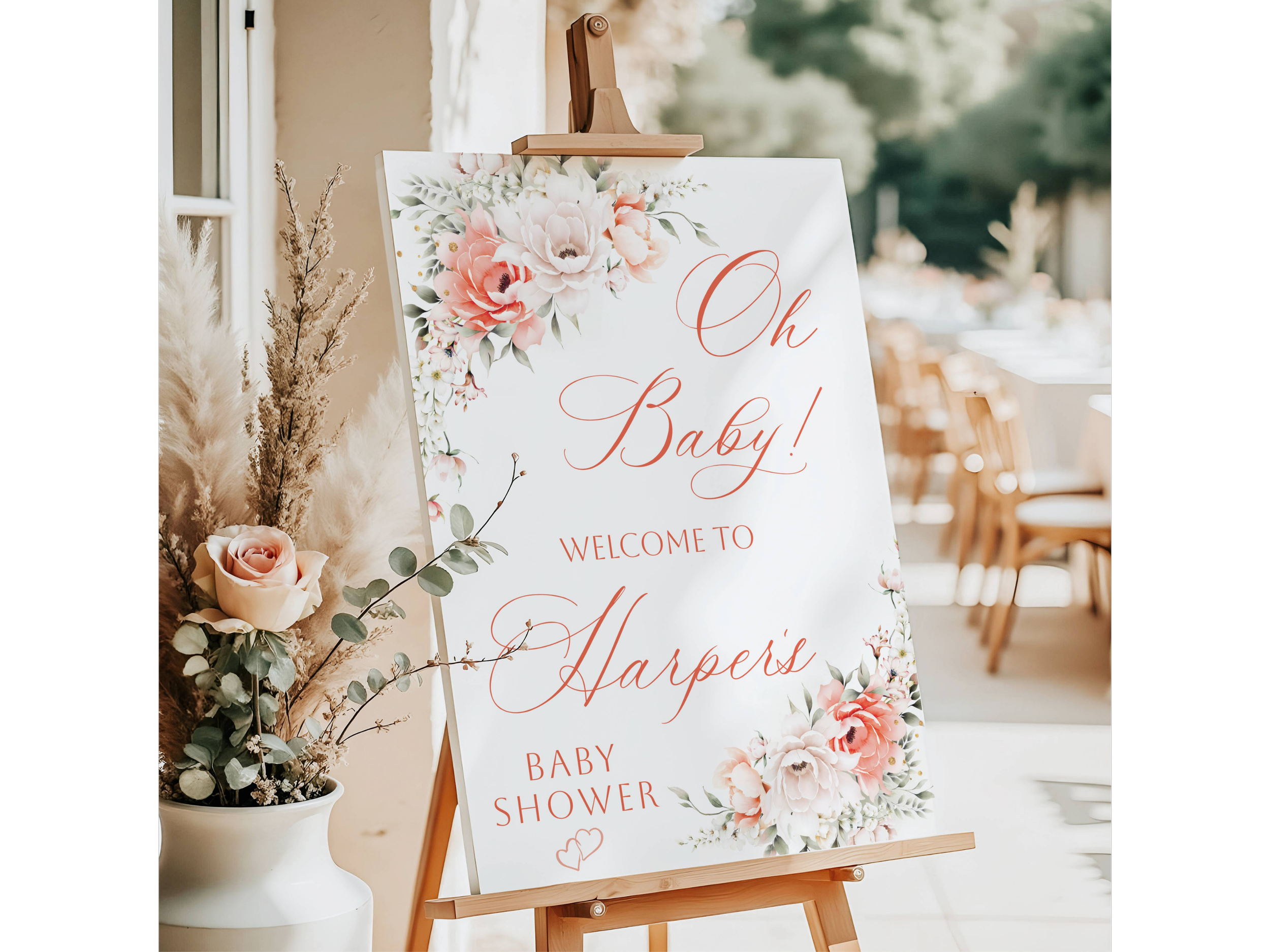 Peach and White Flowers Oh Baby Shower Welcome Sign-#29
