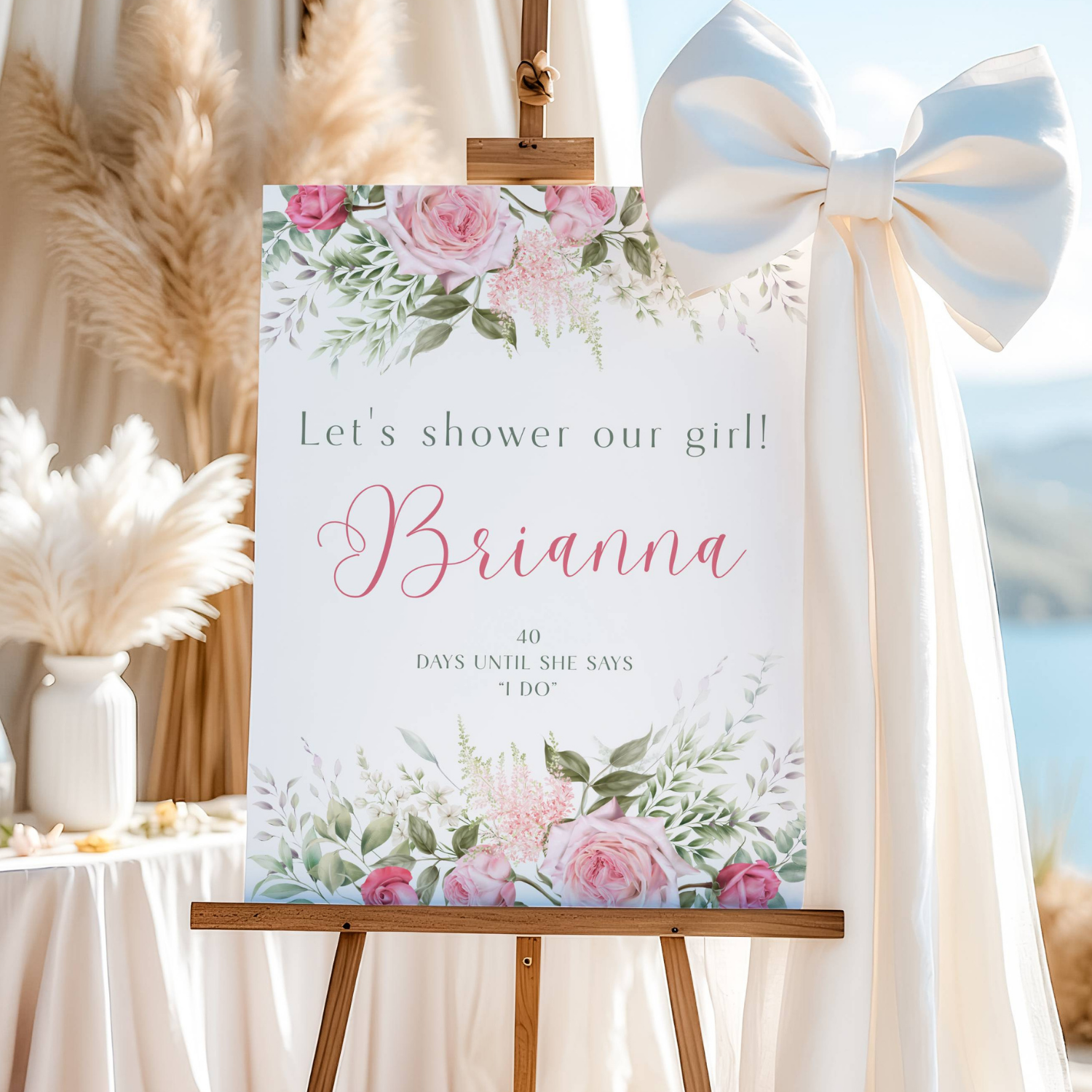 Garden Pink Rose & Greenery Bridal Shower Welcome Board #9