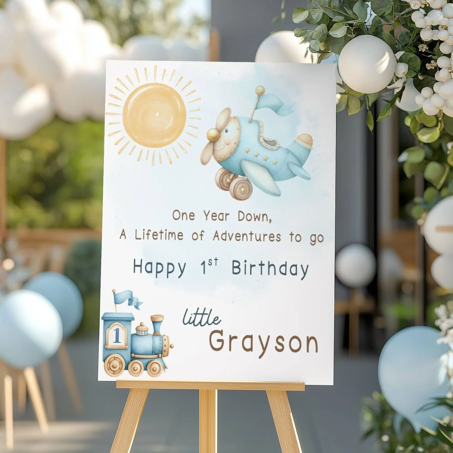 Personalized One Year Down Birthday Welcome Sign, Vintage Airplane and Train Boy's Party #37