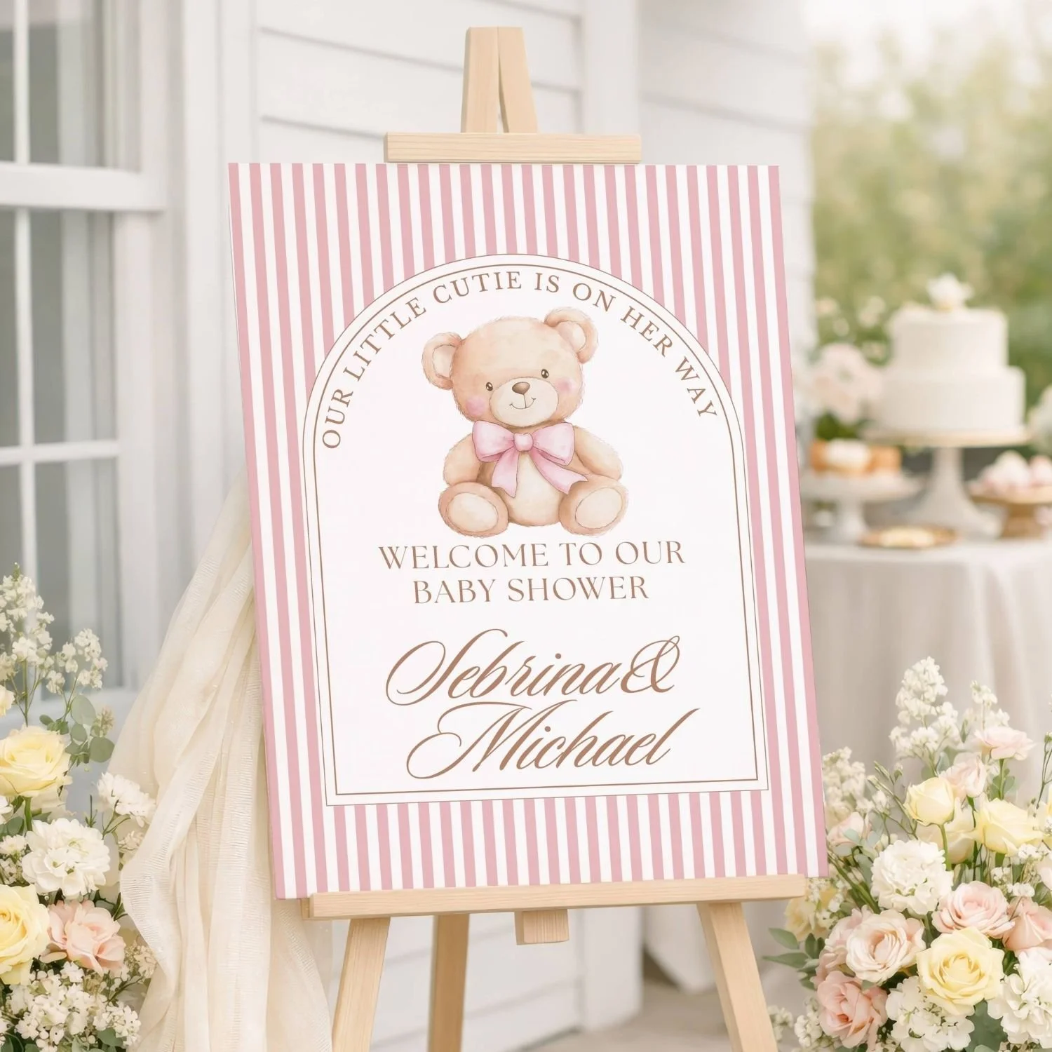 Little Cutie is on Her Way Teddy Bear Baby Shower Welcome Sign-#88 Bow